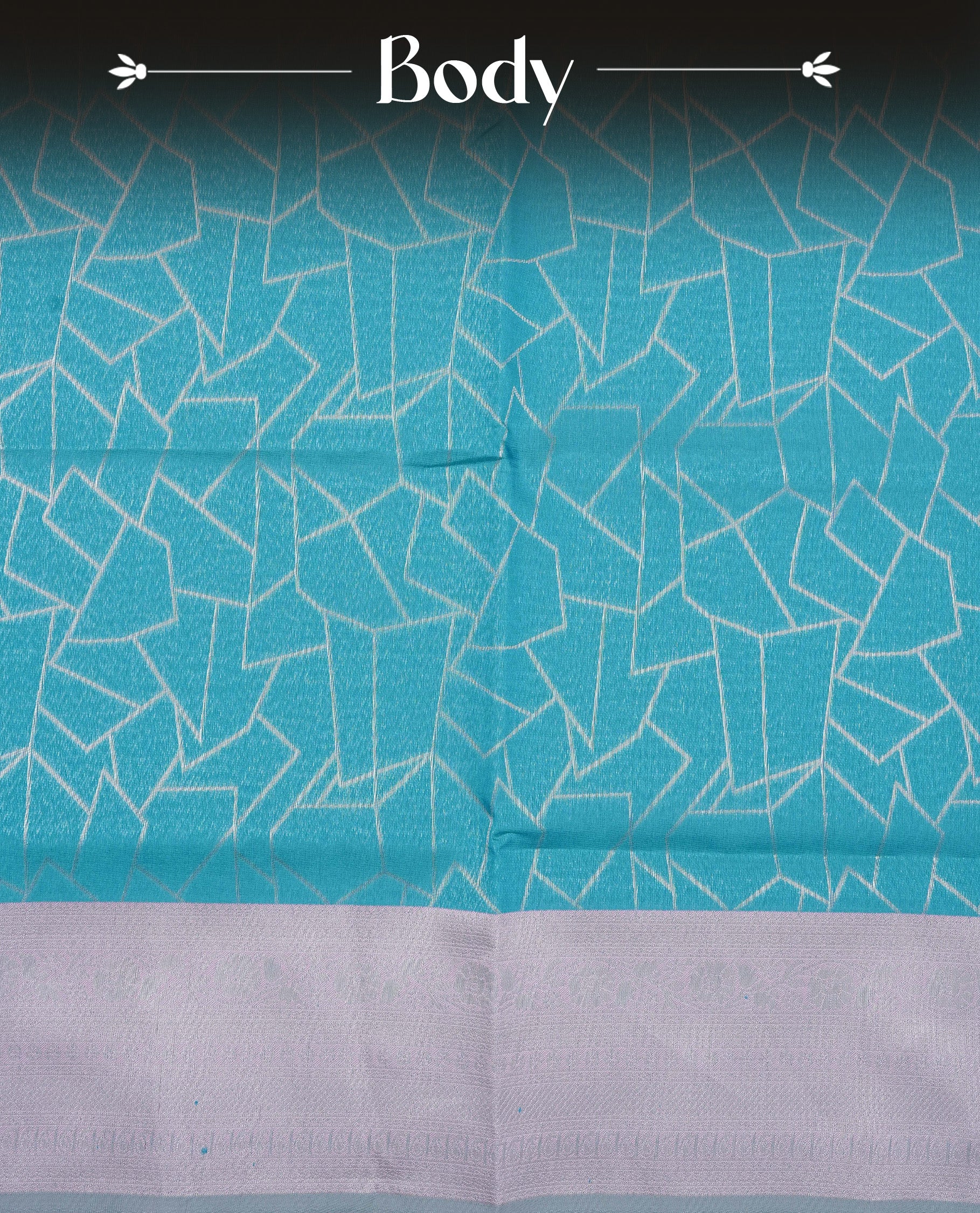 Teal Blue colour semi silk saree featuring Silver zari Geometric pattern on body, complemented by contrast Lavender colour with silver zari border, comes with matching blouse piece.