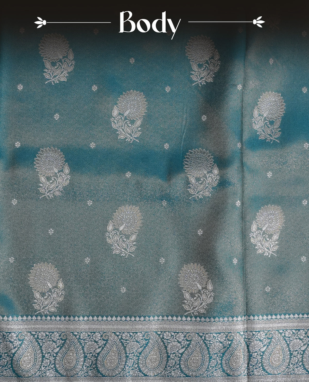Teal colour Mulberry silk saree featuring Gold zari small buttas & floral motifs on body, complemented by self colour with Gold zari border, comes with matching blouse piece.
