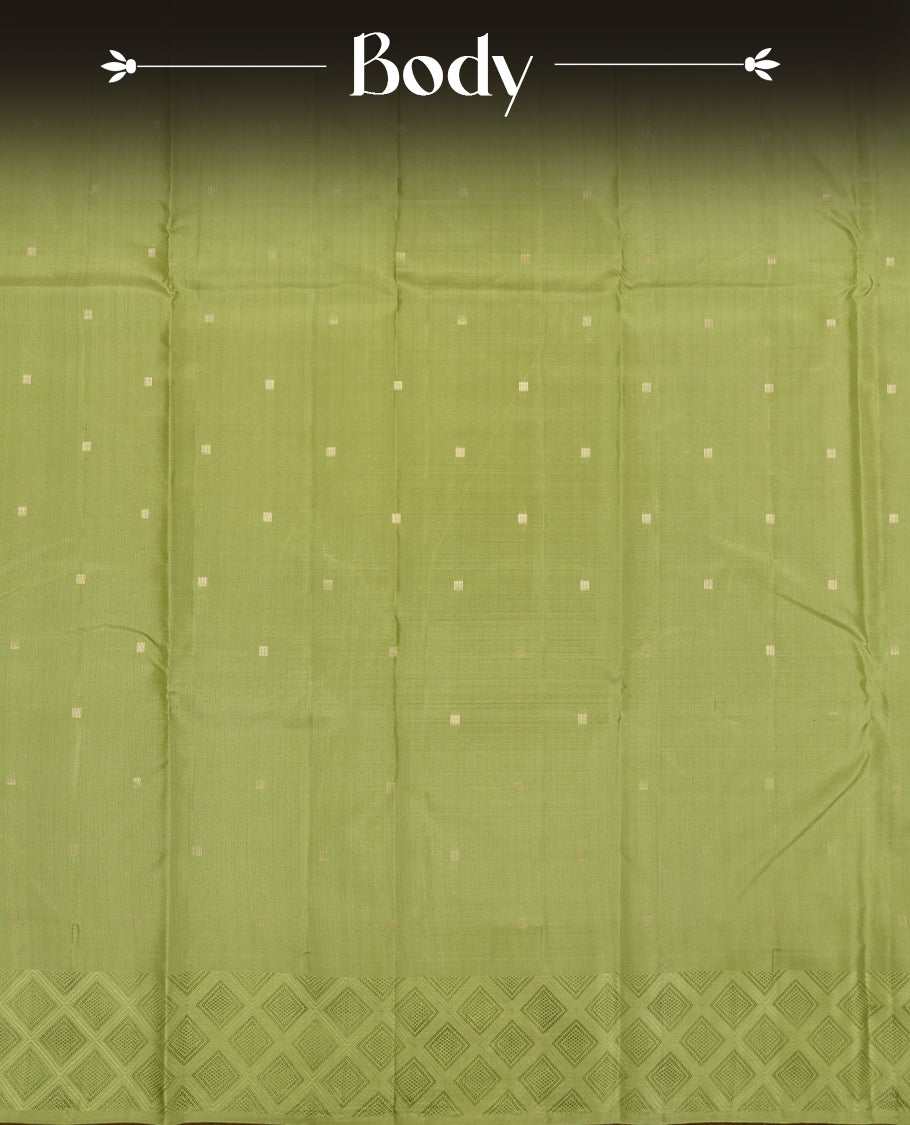 Light mehandi colour Vasundhara silk saree adorned with all-over gold square motifs on the body, complemented by a self colour with green Box pattern border and paired with a matching blouse piece.