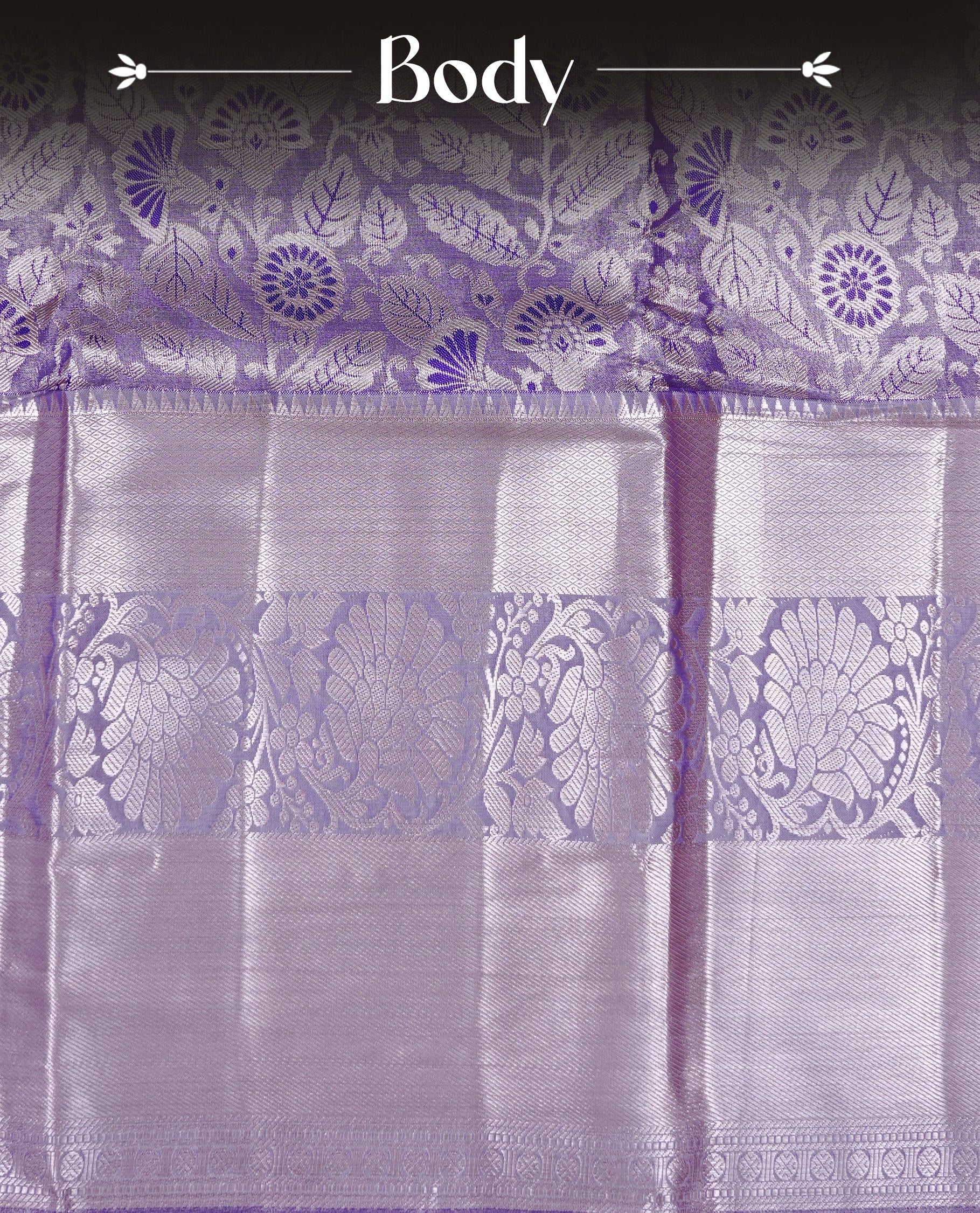 Light purple colour tissue saree featuring rose gold zari floral kodi pattern on the body, highlighted by a self colour border with rose gold traditional zari, paired with a matching blouse piece.
