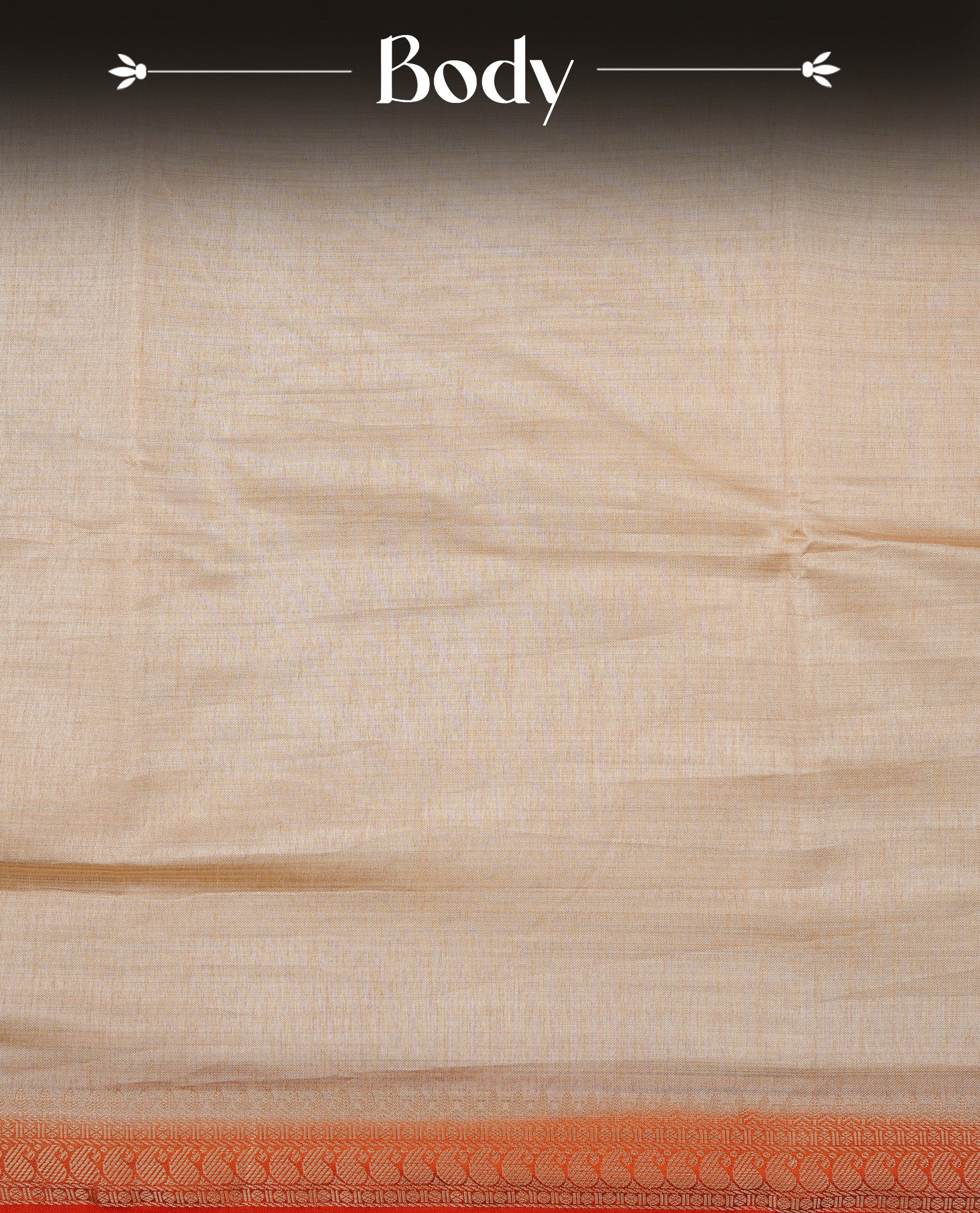 Cream colour Semi Tussar silk saree featuring an elegant plain body, accentuated by a contrast Orange border adorned with intricate gold Mango zari work, paired with a matching blouse piece.