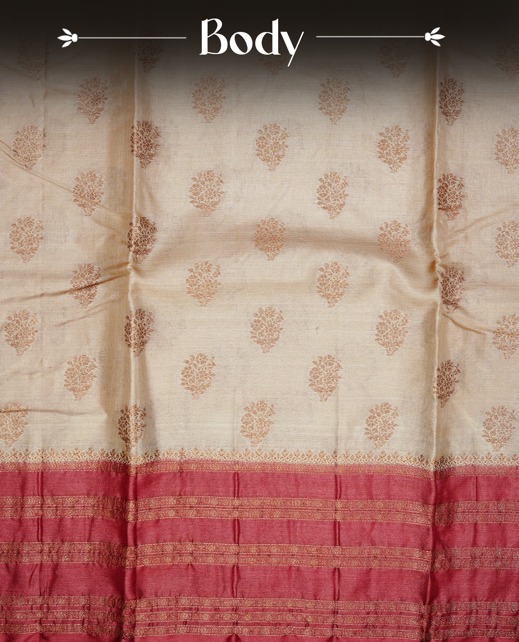 Golden Cream Colour Banaras tussar silk saree featuring Antique zari Motifs on body, Complemented by Maroon colour variant with zari border, paired with matching blouse Piece.