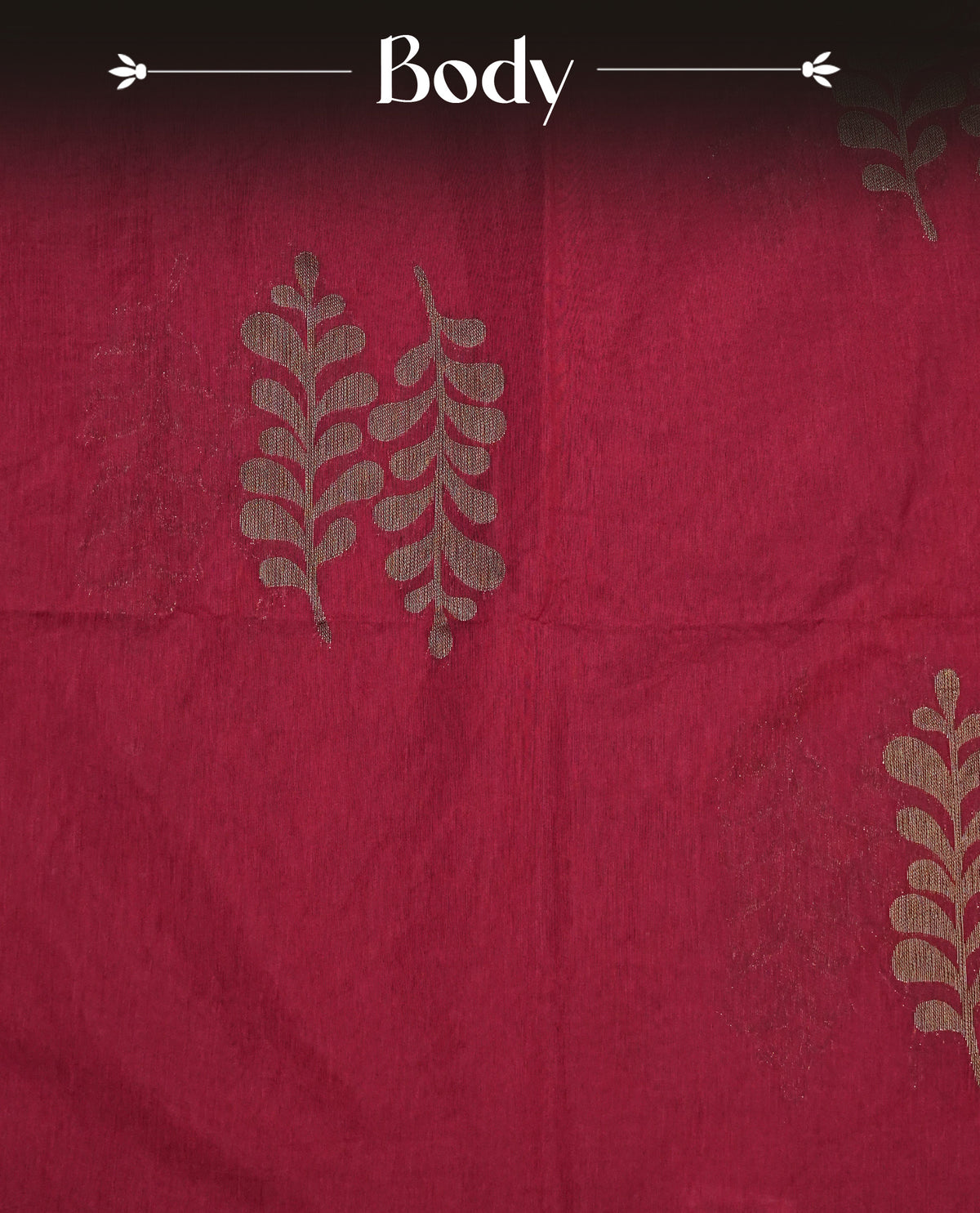 Red colour semi silk saree featuring Gold zari Leaf pattern on body, complemented by contrast colour with Gold zari border, comes with matching blouse piece.