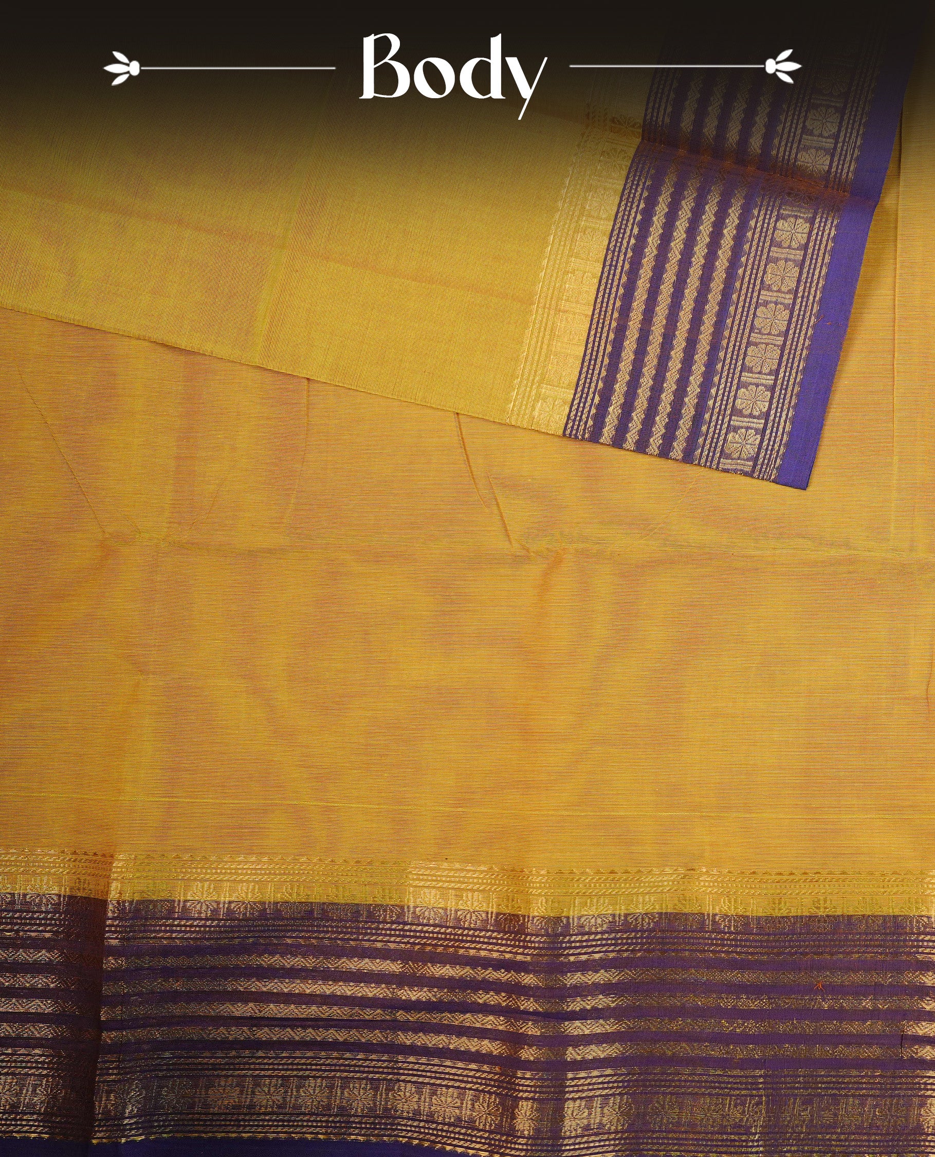 Deep Yellow colour chettinad cotton saree featuring Plain body, complemented by Contrast Purple Colour With Gold Zari border, paired with matching blouse piece.
