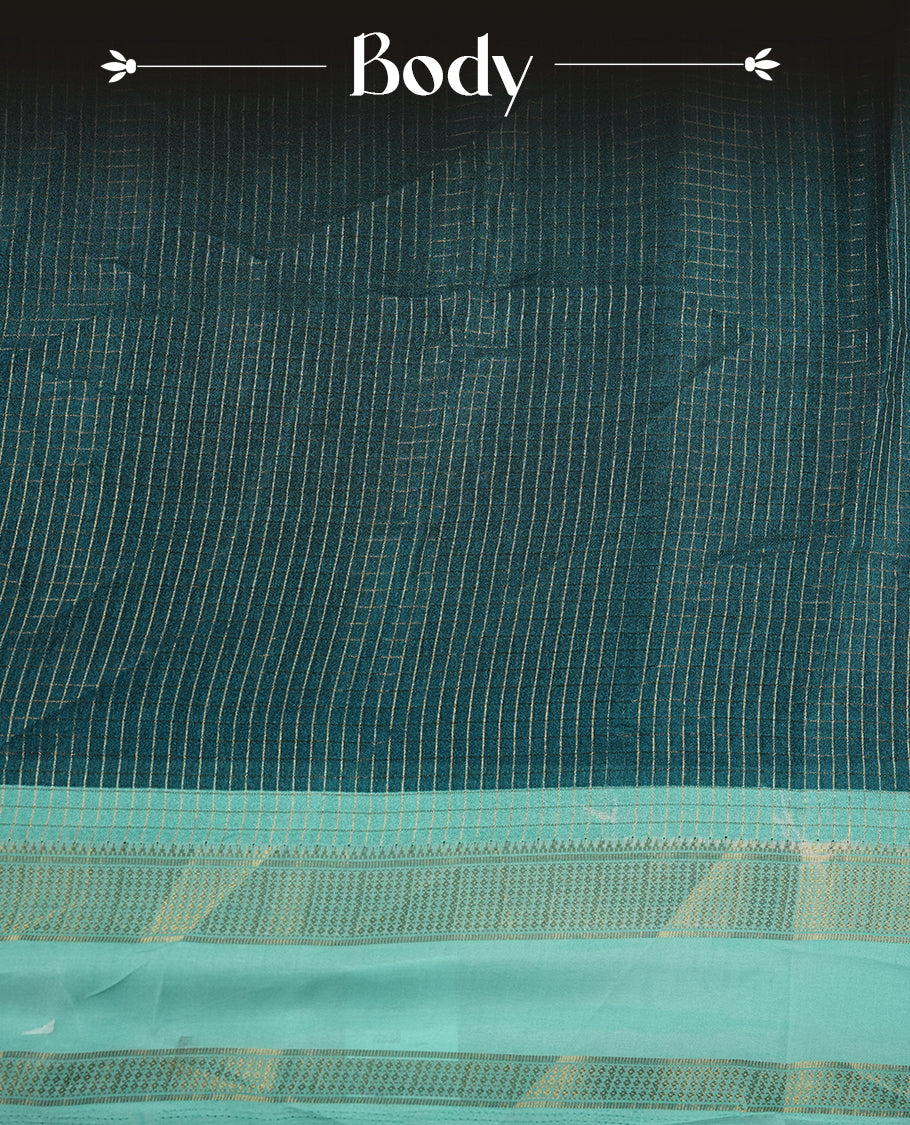 Teal colour saree featuring fine check patterns on the body, paired with contrast Light Aqua colour zari woven border and pallu. Comes with a matching blouse piece