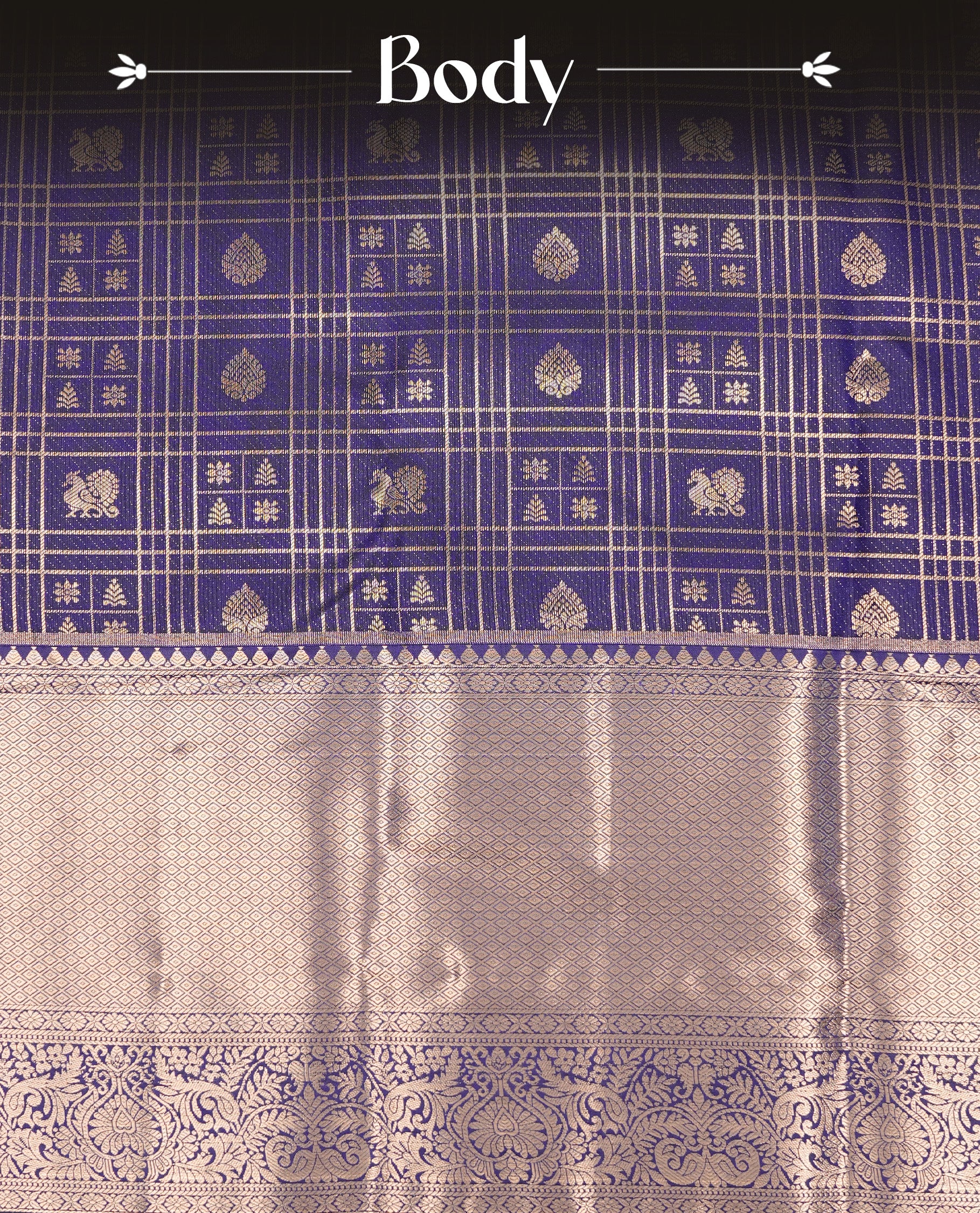 Navy Blue Semi Wedding Silk Saree featuring Gold Zari Check with Motifs On body, Complemented with traditional zari with Self colour border, paired with matching blouse piece.
