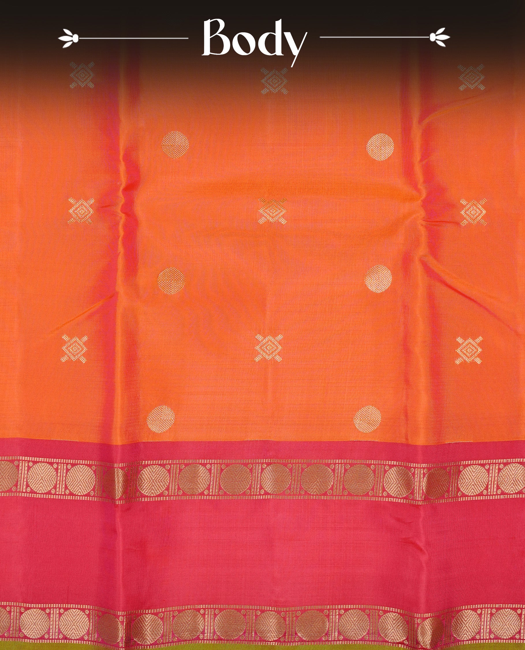 Orange colour Traditional Kancheepuram silk saree featuring gold zari motifs on body, enhanced with contrast Red with traditional with green piping border, paired with matching blouse piece.
