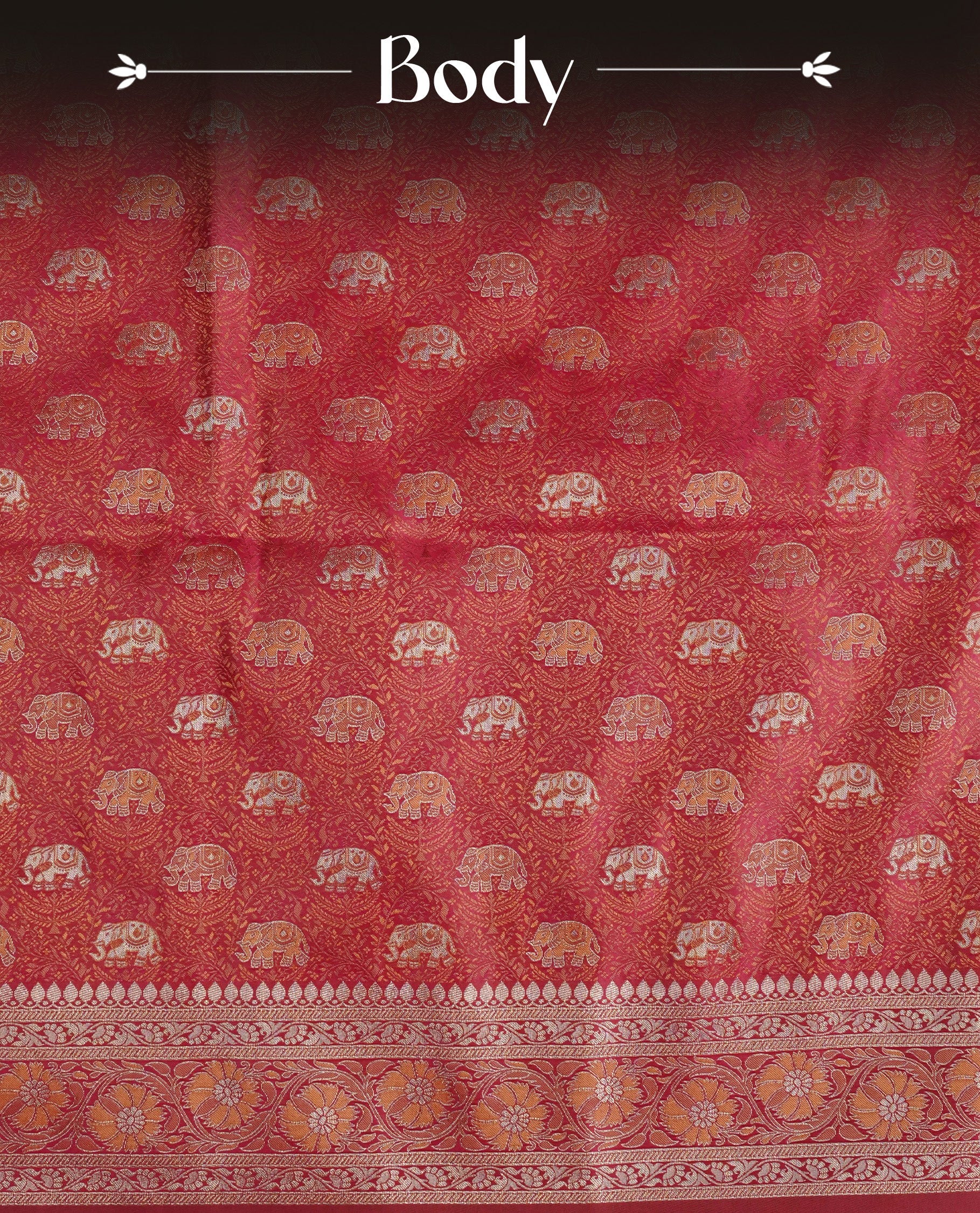 Red colour Mulberry silk saree featuring gold zari elephant & floral kodi pattern across body, complemented by self colour border with gold & orange zari work, comes with matching blouse piece.