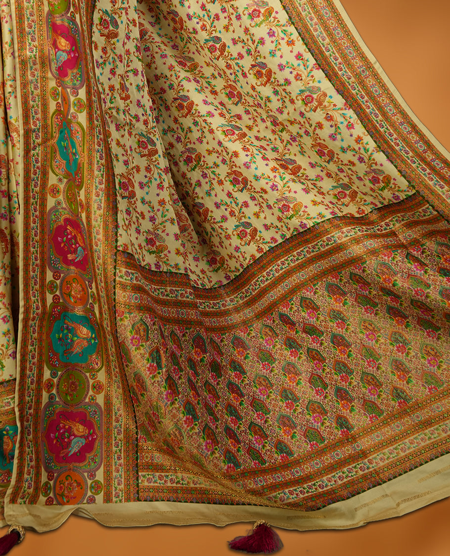 Ivory colour Pashmina silk saree densely woven with intricate multicolour floral kodi pattern across the body, framed by an opulent arabesque border and grand storytelling pallu, paired with a matching woven border blouse piece
