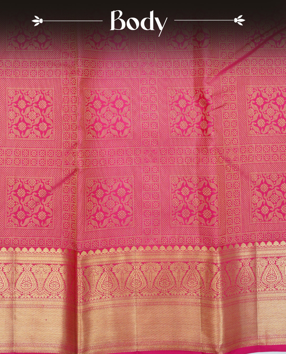 Magenta colour pure wedding silk saree featuring gold zari box Designed pattern on body, comeplemented by self colour with traditional border, comes with matching blouse piece.