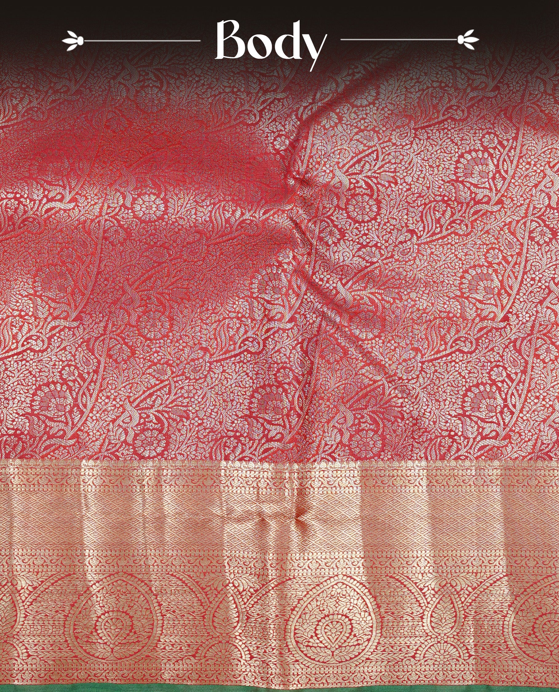 Maroon colour Semi wedding silk saree featuring Green colour floral kodi on body, complemented by contrast Self colour with gold zari border, paired with matching blouse piece.