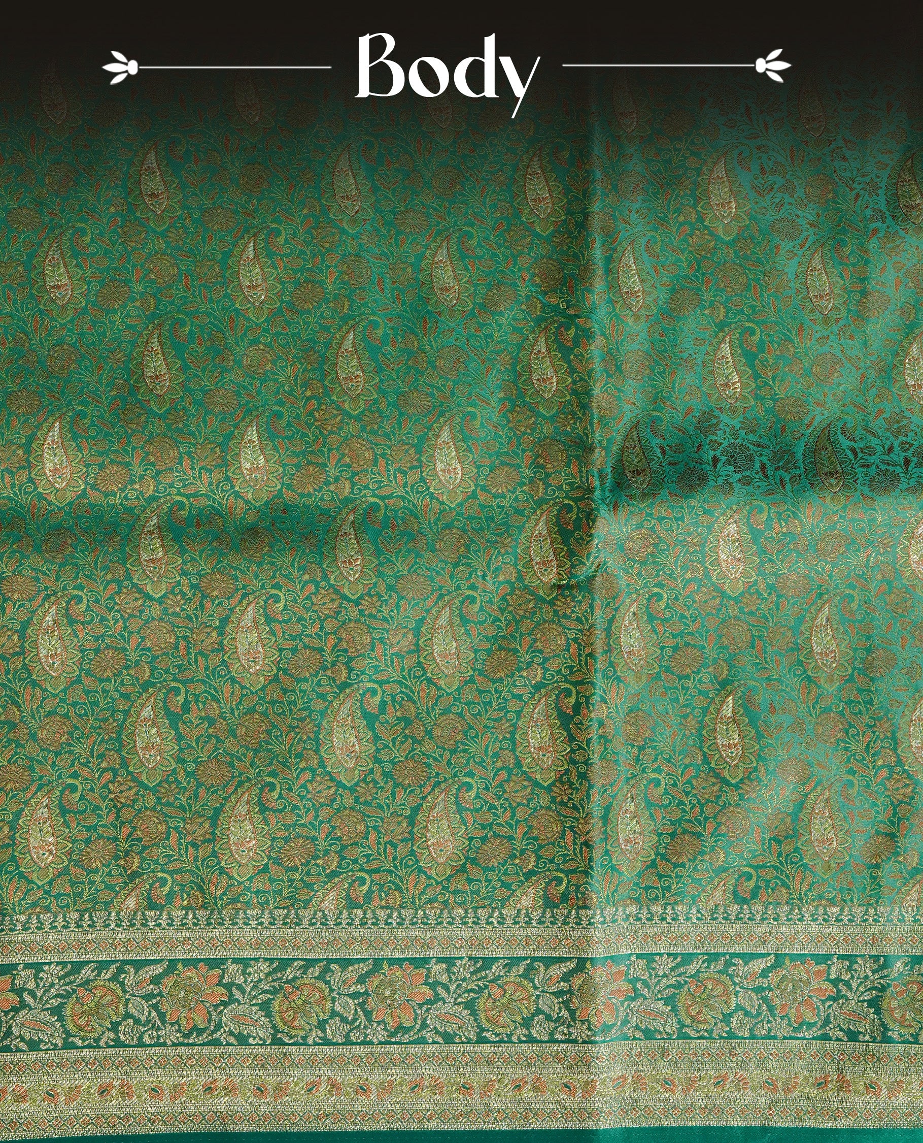 Green colour Mulberry silk saree featuring gold zari Mango & floral kodi pattern across body, complemented by self colour border with gold zari work, comes with matching blouse piece.