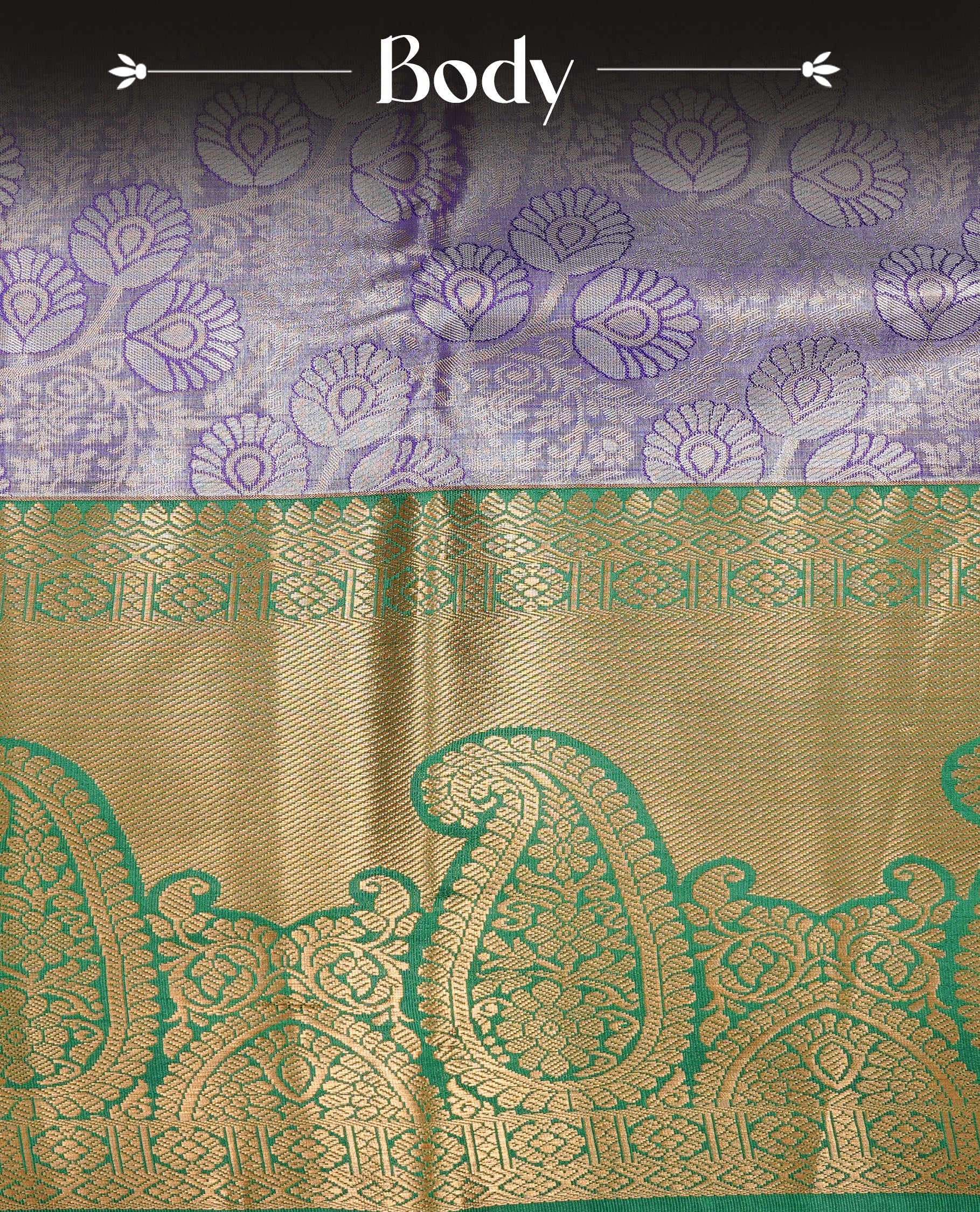 Light purple colour tissue saree featuring silver & gold zari floral kodi pattern on the body, highlighted by a contrast Green colour border with gold traditional zari, paired with a matching blouse piece.