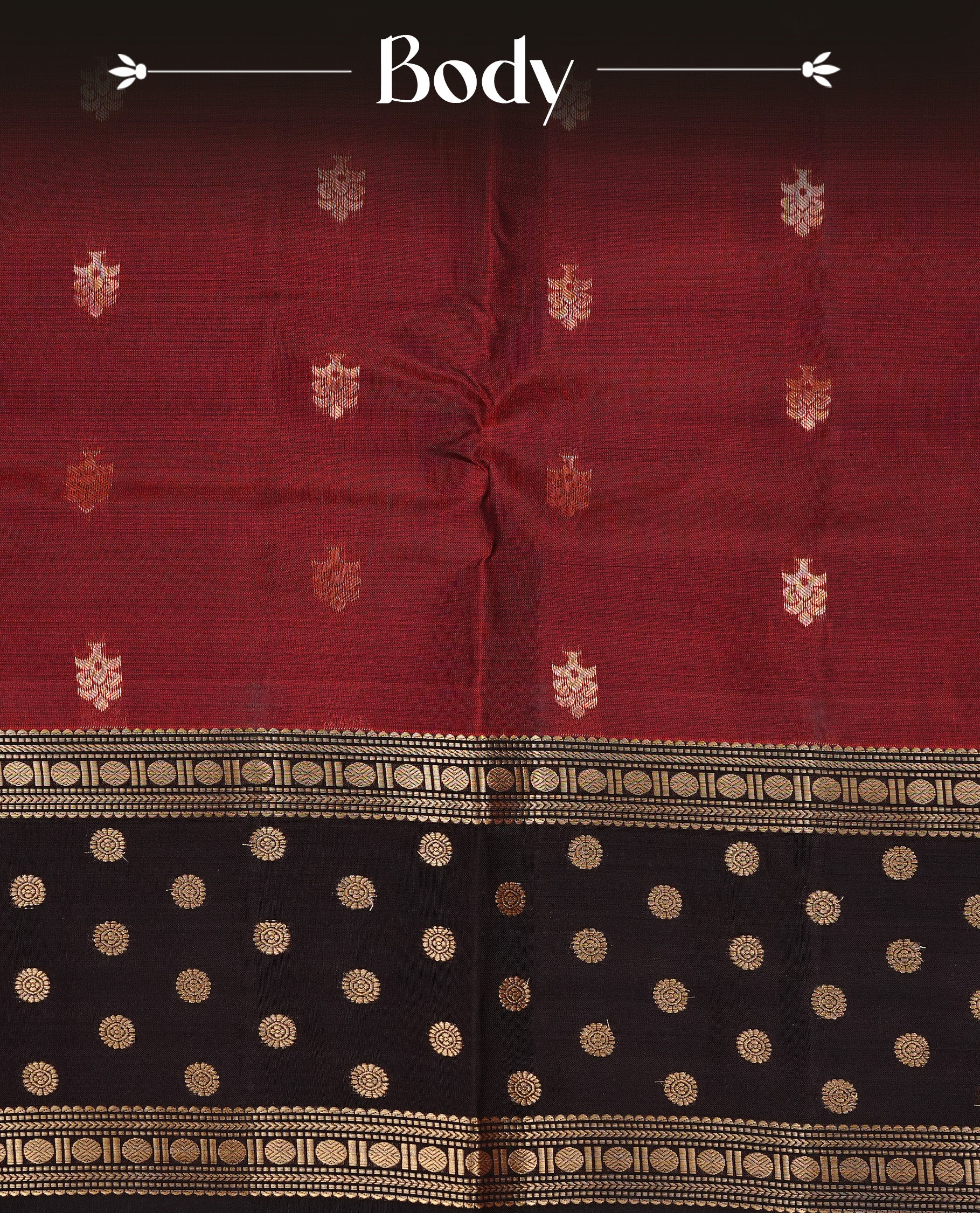 Maroon colour Traditional Kancheepuram silk saree featuring gold zari motifs on body, enhanced with contrast Dark Chocolate with traditional border, paired with matching blouse piece.