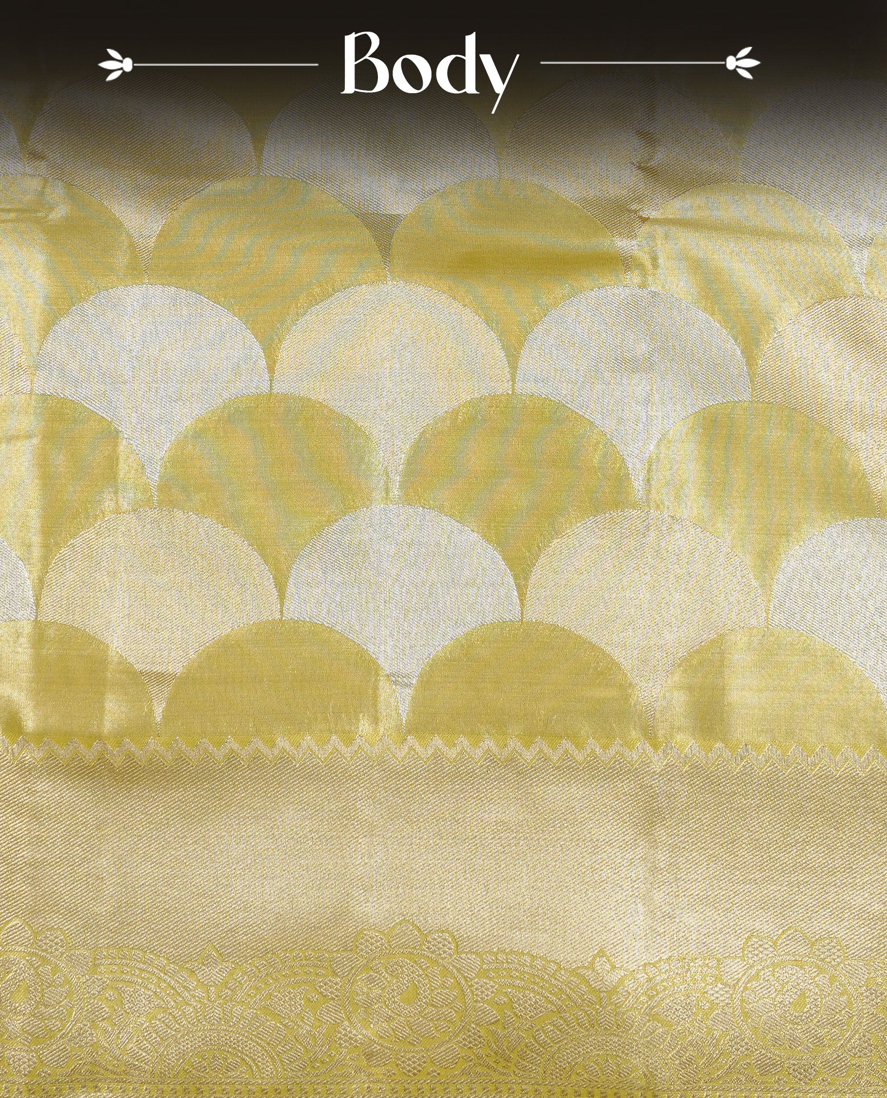 Yellow colour Tissue saree Featuring yellow, Gold, silver zari Scales design on body, complemented by traditional border on self colour, paired with matching blouse piece.
