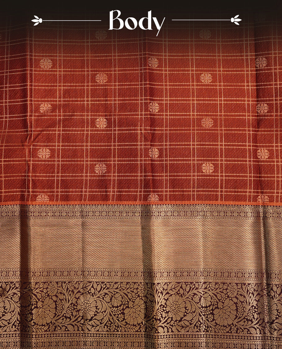 Brown colour semi wedding saree featuring gold zari motif on check pattern on body, complemented by contrast burgundy with traditional border, paired with matching blouse piece.
