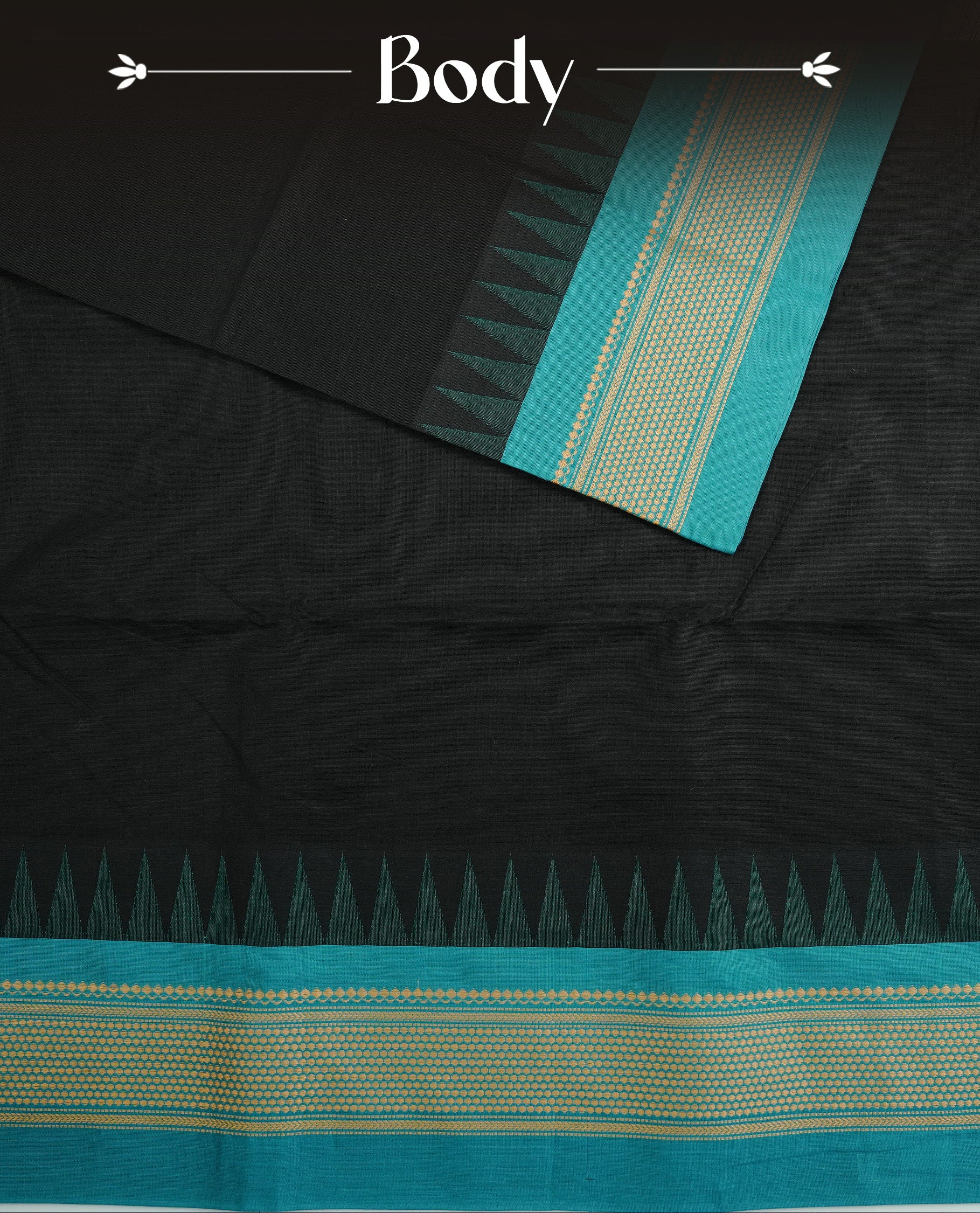 Black colour chettinad cotton saree featuring elegant plain body, complemented by contrast Aqua Colour with cream colour zari pattern on border, paired with matching blouse piece.