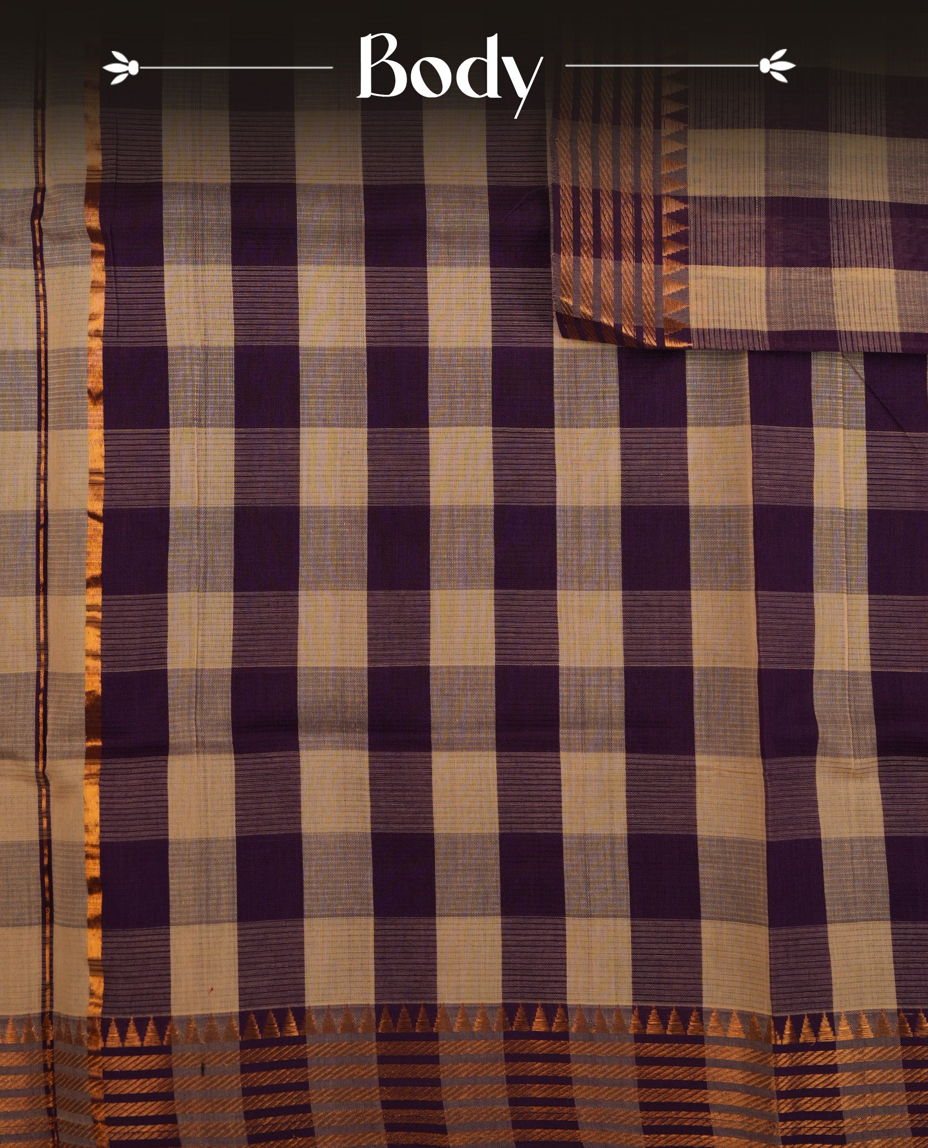 Purple and off-white checked Mangalagiri cotton saree with an elegant antique zari border and contrast pallu. Comes with a matching blouse piece