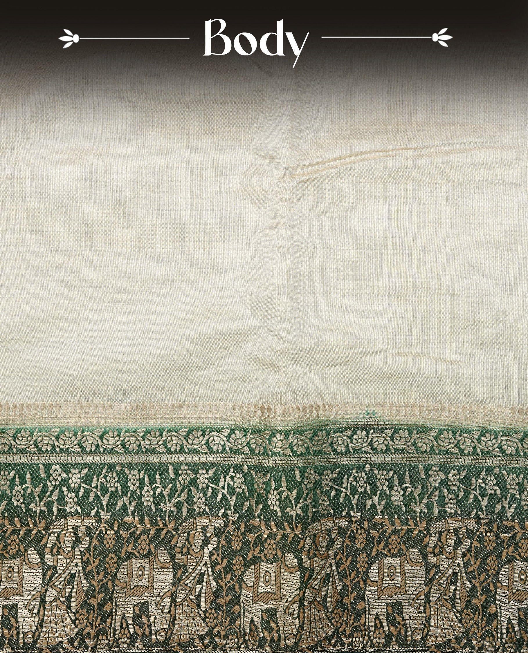 Light gold tussar saree featuring Elegant plain body, complemented by contrast dark green colour with Gold zari Floral kodi with Elephant Pattern border, comes with matching blouse piece.