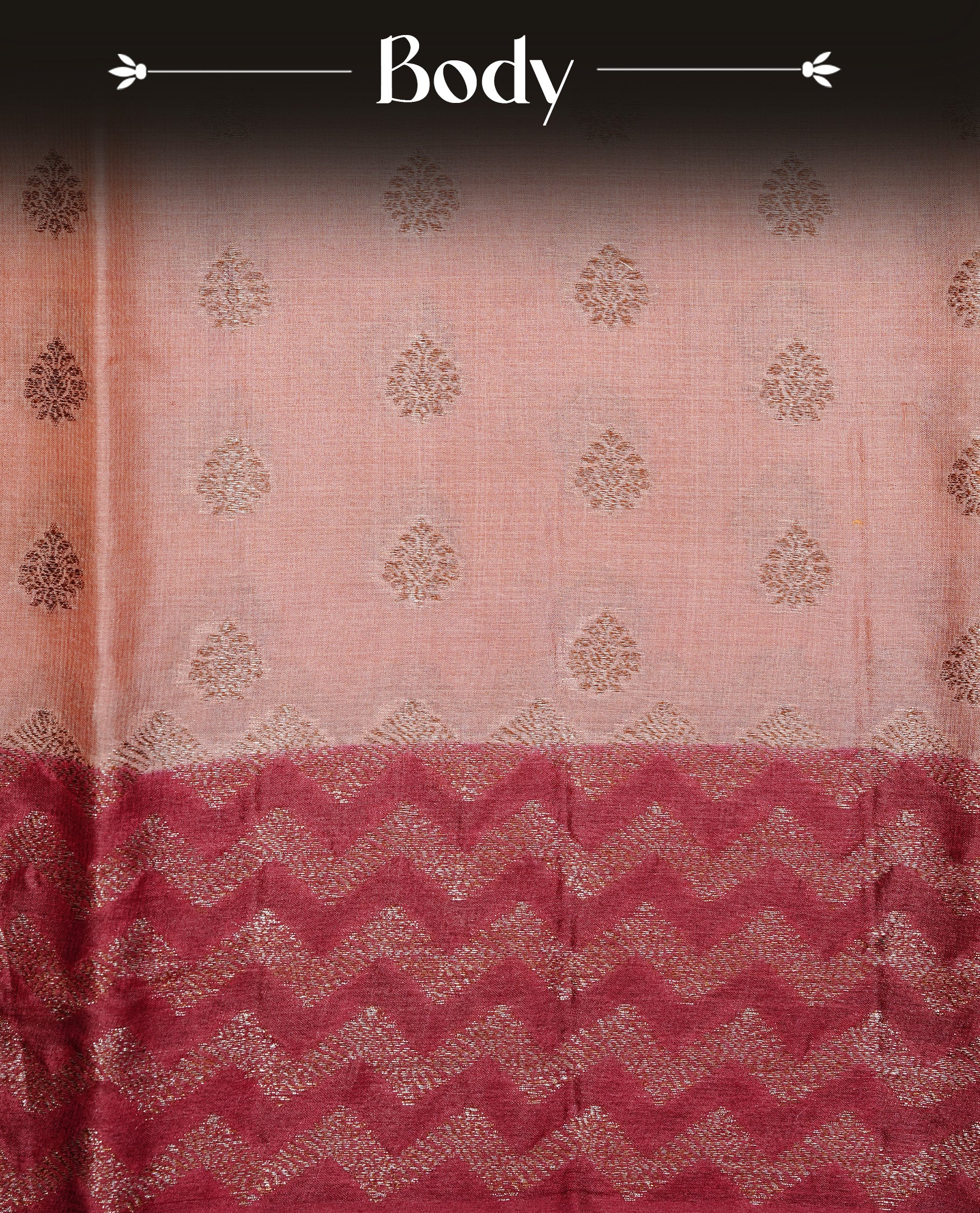 Peach Colour Tussar silk saree featuring Antique Zari motifs on body, Finished with contrast Maroon colour Zigzag zari pattern border, paired with matching blouse piece.