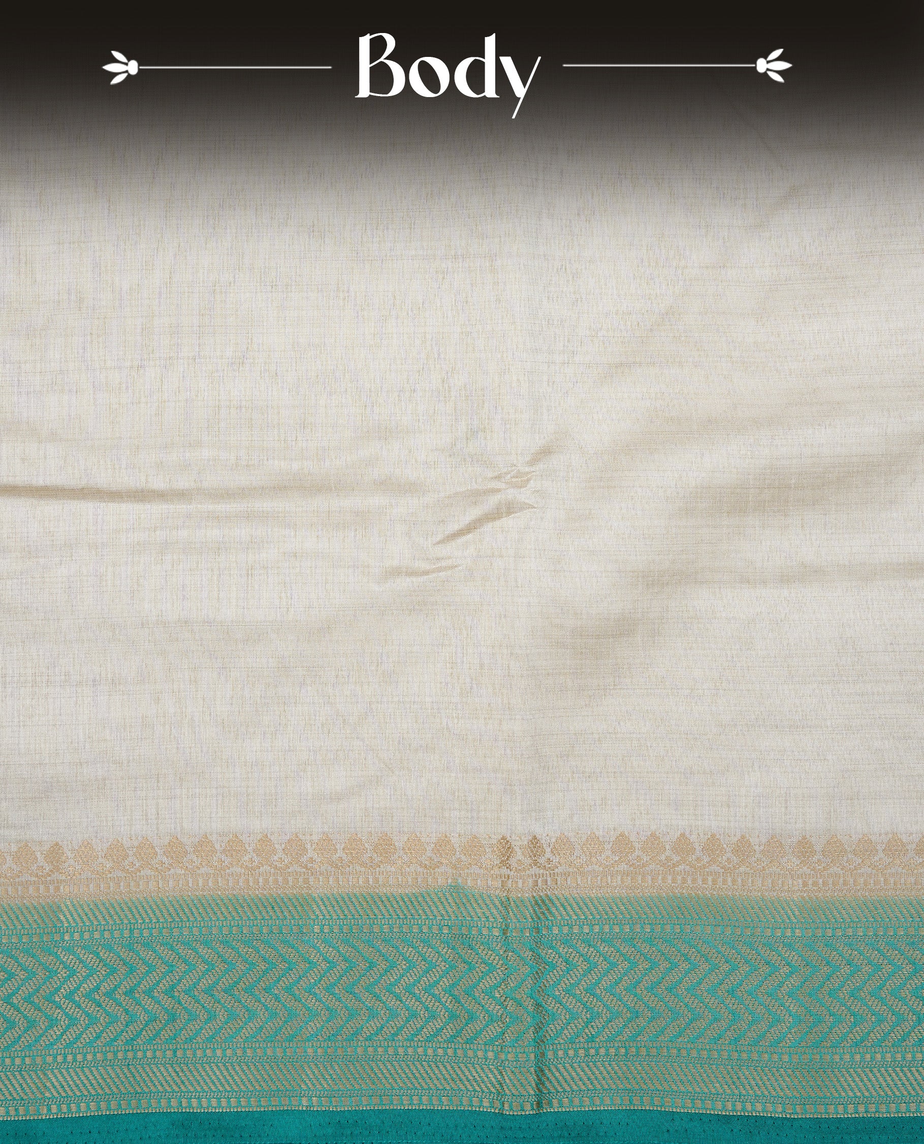 White cream colour Semi Tussar silk saree featuring an elegant plain body, accentuated by a contrast Aqua border adorned with intricate gold zigzag zari work, paired with a matching blouse piece.