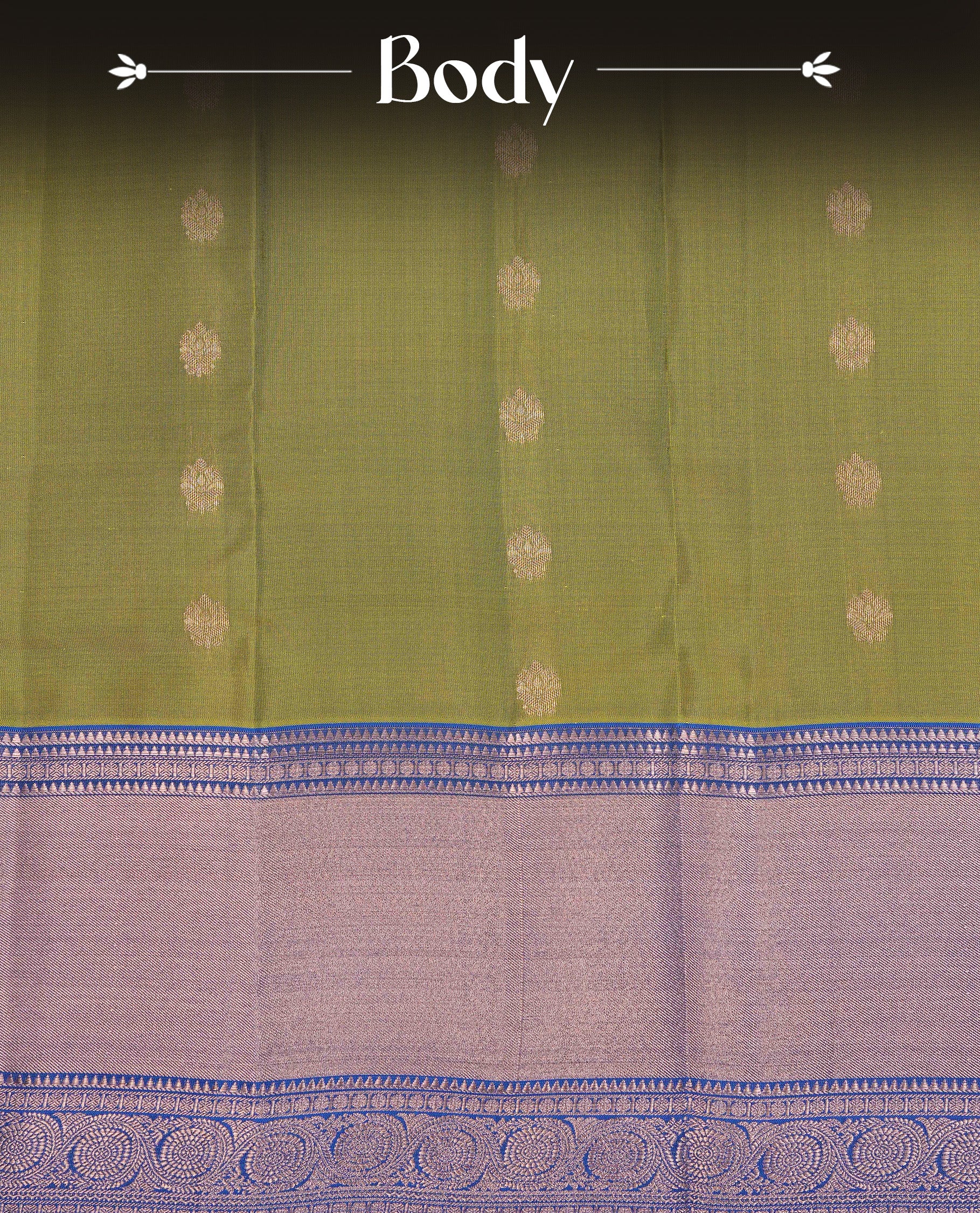 Olive Green Colour Traditional Kancheepuram Slik Saree Featuring Gold Zari Motifs on the Body, Complemented by a Contrast Blue Colour Copper Zari Traditional Border and Pallu, Paired with a Matching Blouse .