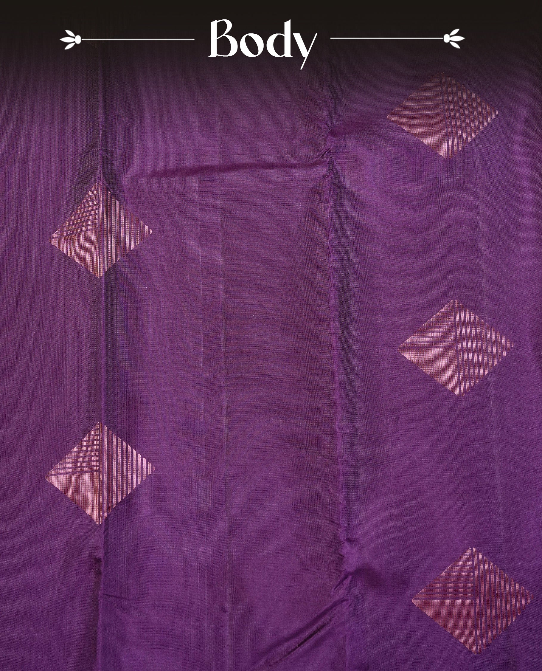 Dark Purple Colour Traditional Kancheepuram Silk Saree Featuring Copper Zari Diamond Motifs on the Body, Designed Without a Border and with a Grand Pallu, Paired with a Matching Blouse.
