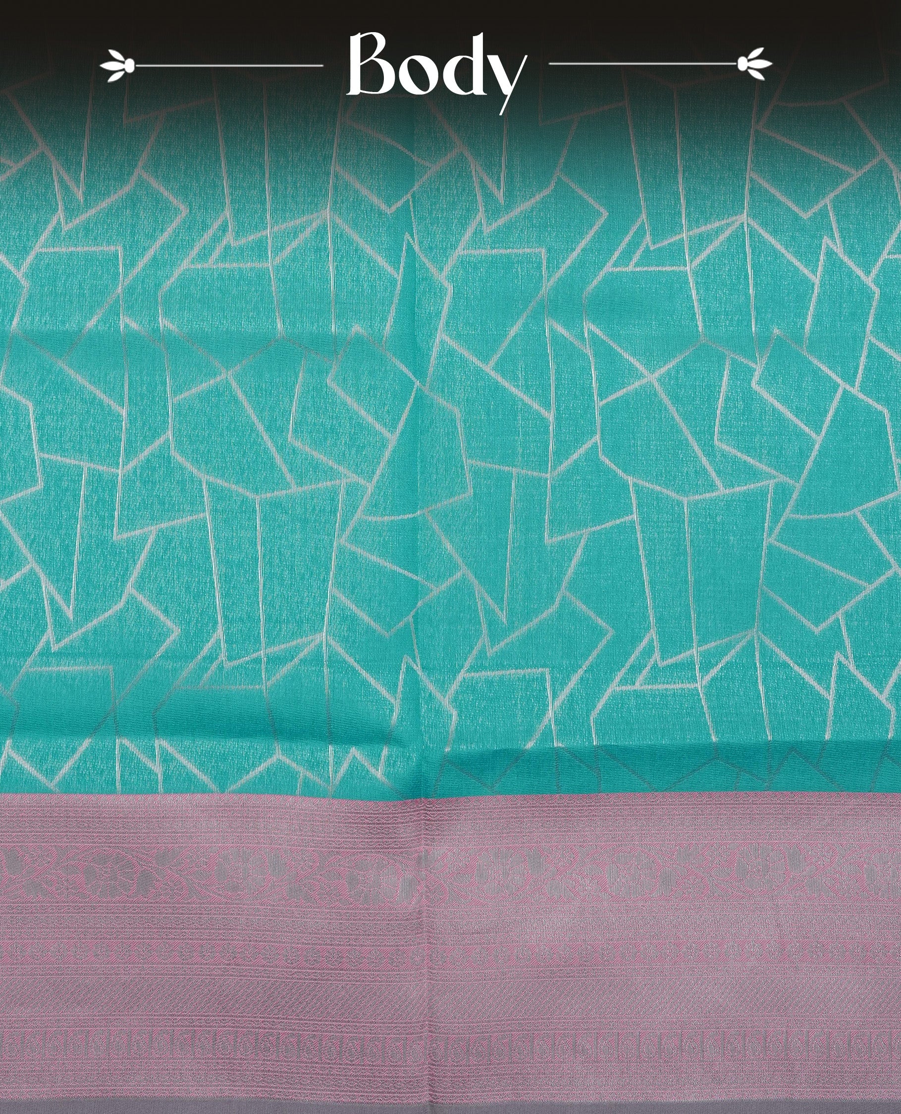 Aqua colour semi silk saree featuring Silver zari Geometric pattern on body, complemented by contrast peach colour with silver zari border, comes with matching blouse piece.