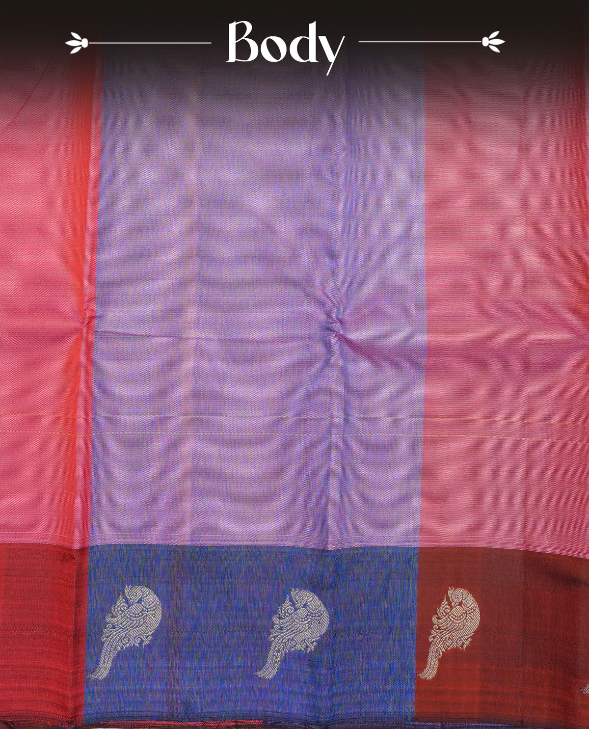 Red & Purple colour traditional kancheepuram silk saree featuring Plain body, complemented by contrast Red colour with gold zari peacock motifs on border, comes with matching blouse piece.