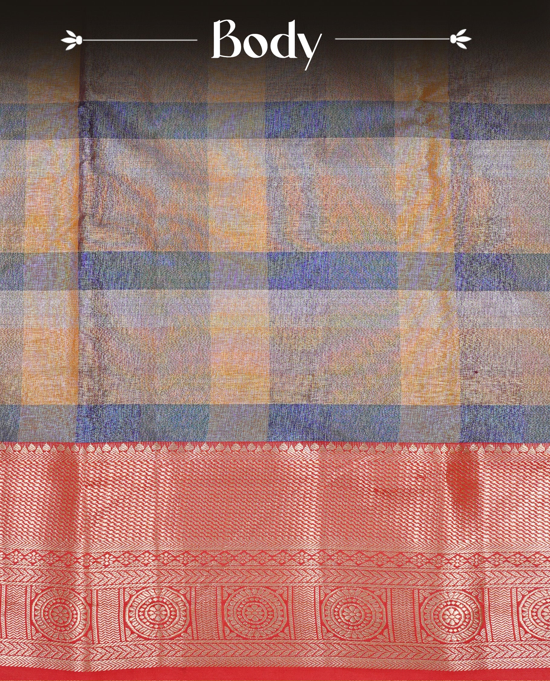 Blue & Yellow Colour Tissue Saree featuring Multi colour Check Design on body, complemented by contrast Red colour with Gold zari border, paired with matching blouse piece.