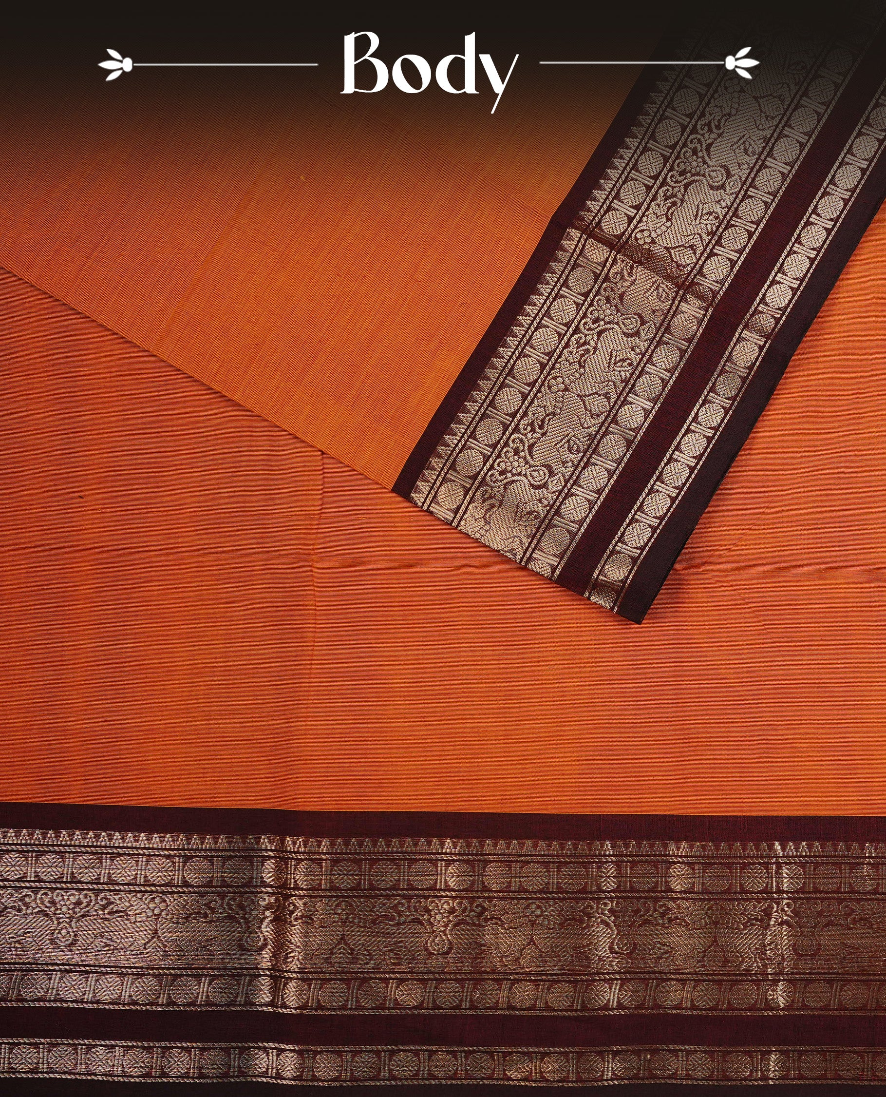 Brick orange colour chettinad cotton saree featuring Elegant plain body, complemented by contrast Black colour with Gold zari border, paired with matching blouse piece.