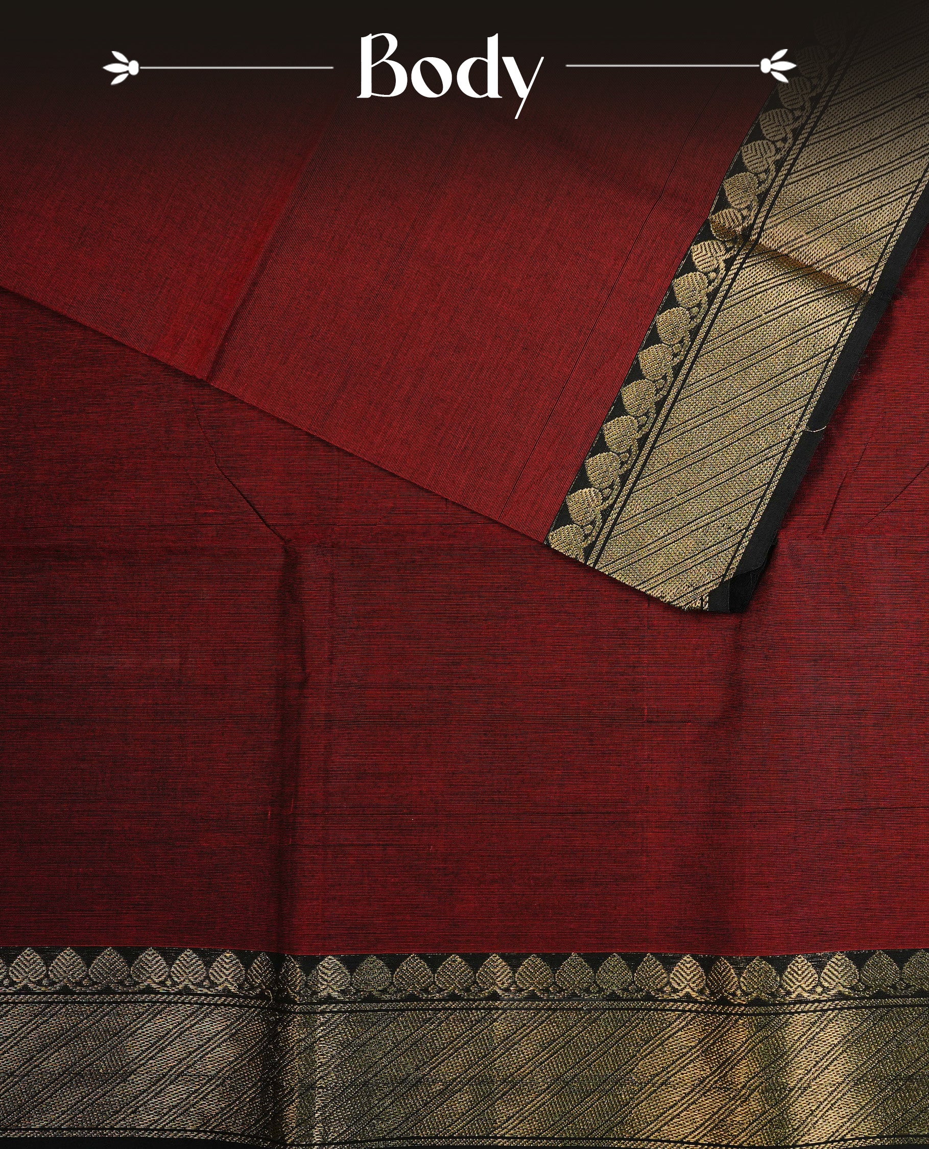 Maroon colour chettinad cotton saree featuring Plain body, complemented by Black Colour With Gold Zari border, paired with matching blouse piece.