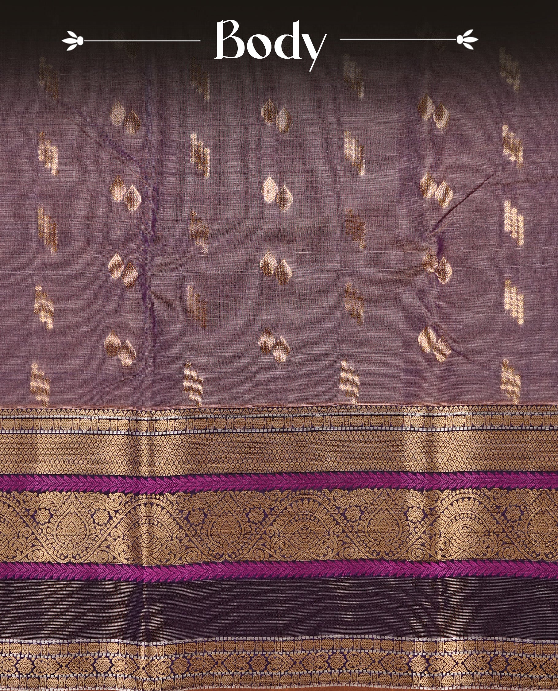 Purple Colour Traditional Kancheepuram Silk Saree Featuring Gold Zari Motifs on Body, Complemented By Self colour with Traditional zari & purple border, paired with matching blouse piece.