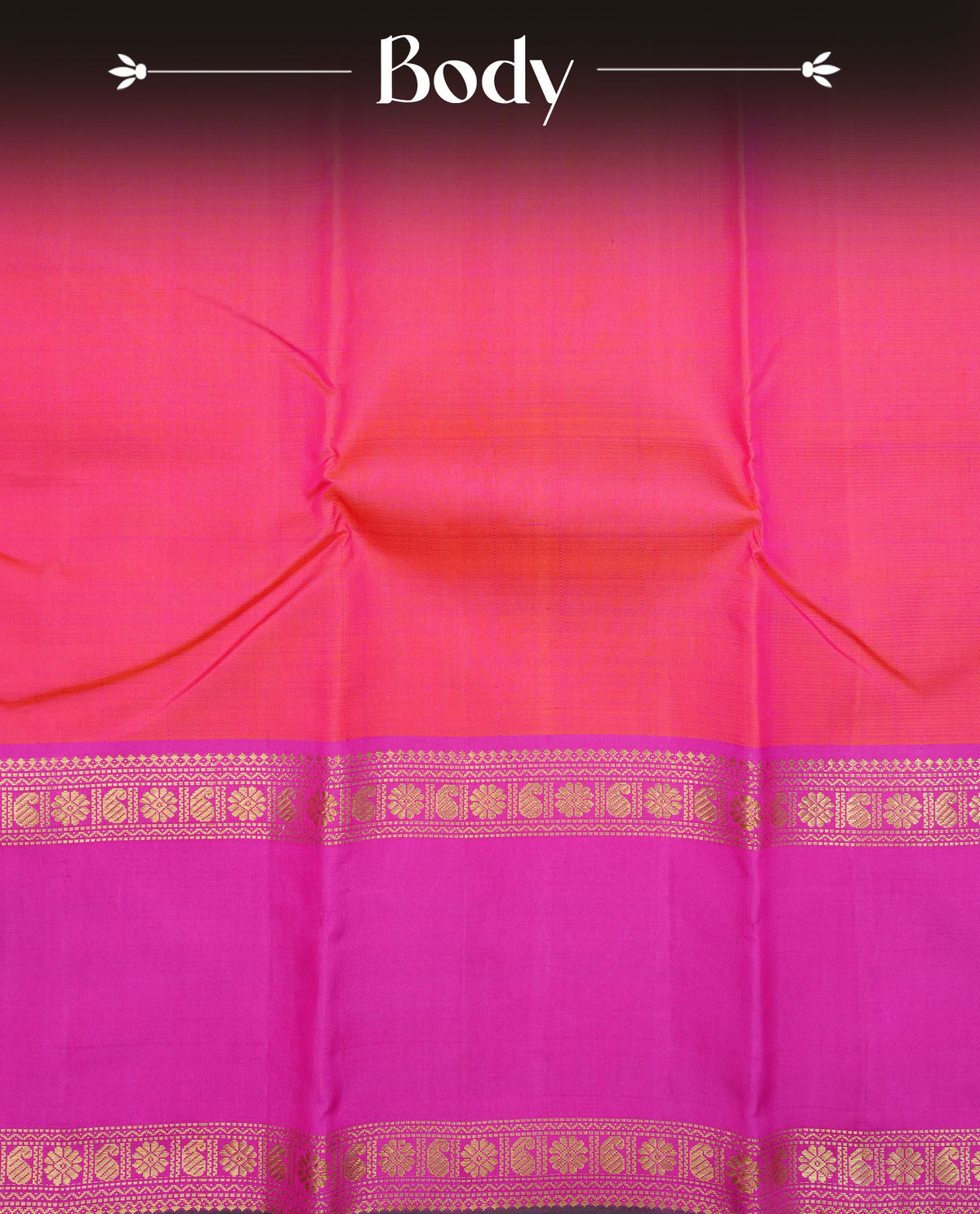 Orange colour traditional kancheepuram silk saree featuring Plain body, complemented by Magenta & Olive Double colour border, comes with matching blouse piece