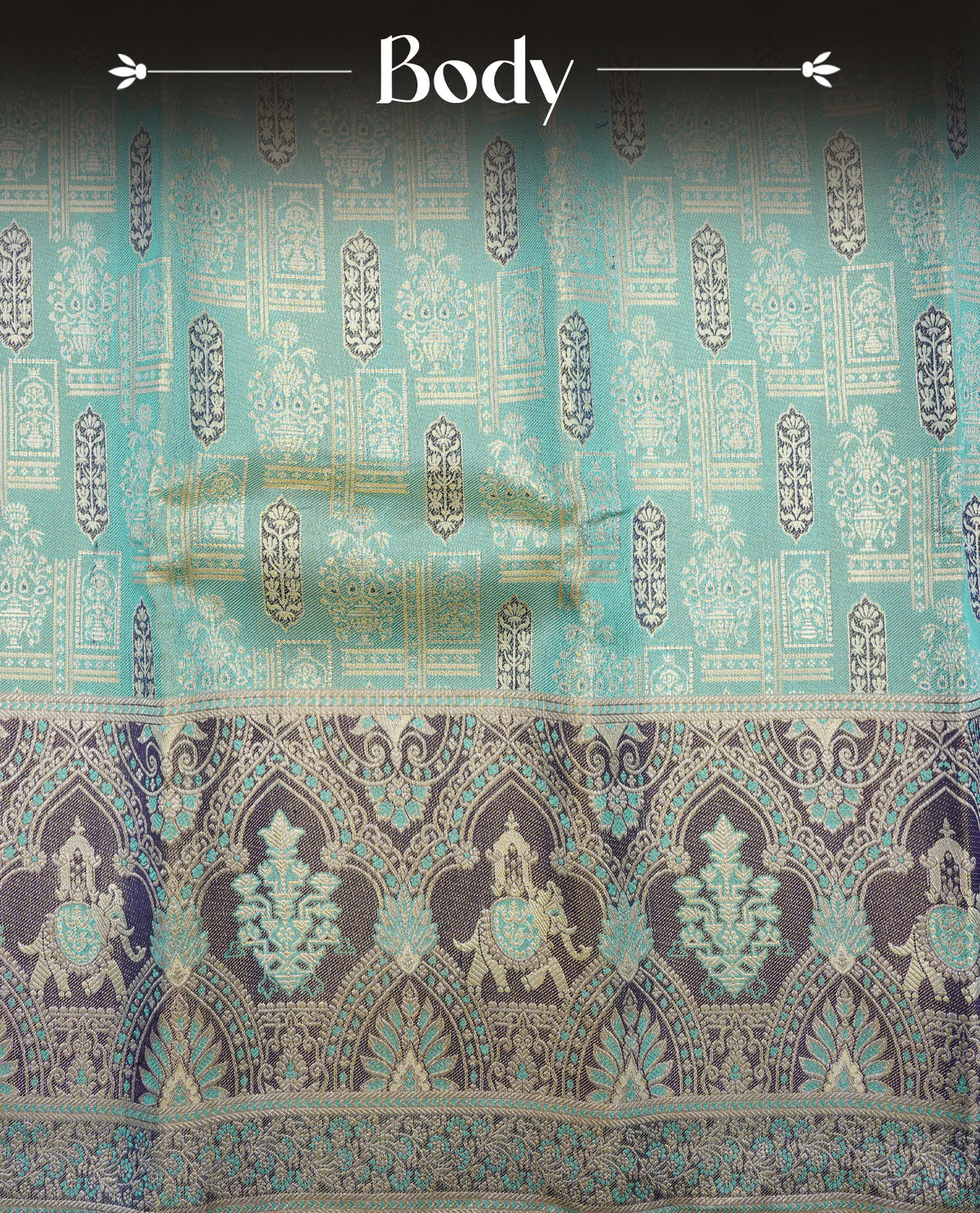Light sea green colour samudrika silk saree featuring Gold zari Panel Pattern on body, complemented by contrast Brown colour with traditional on border, comes with matching blouse piece.