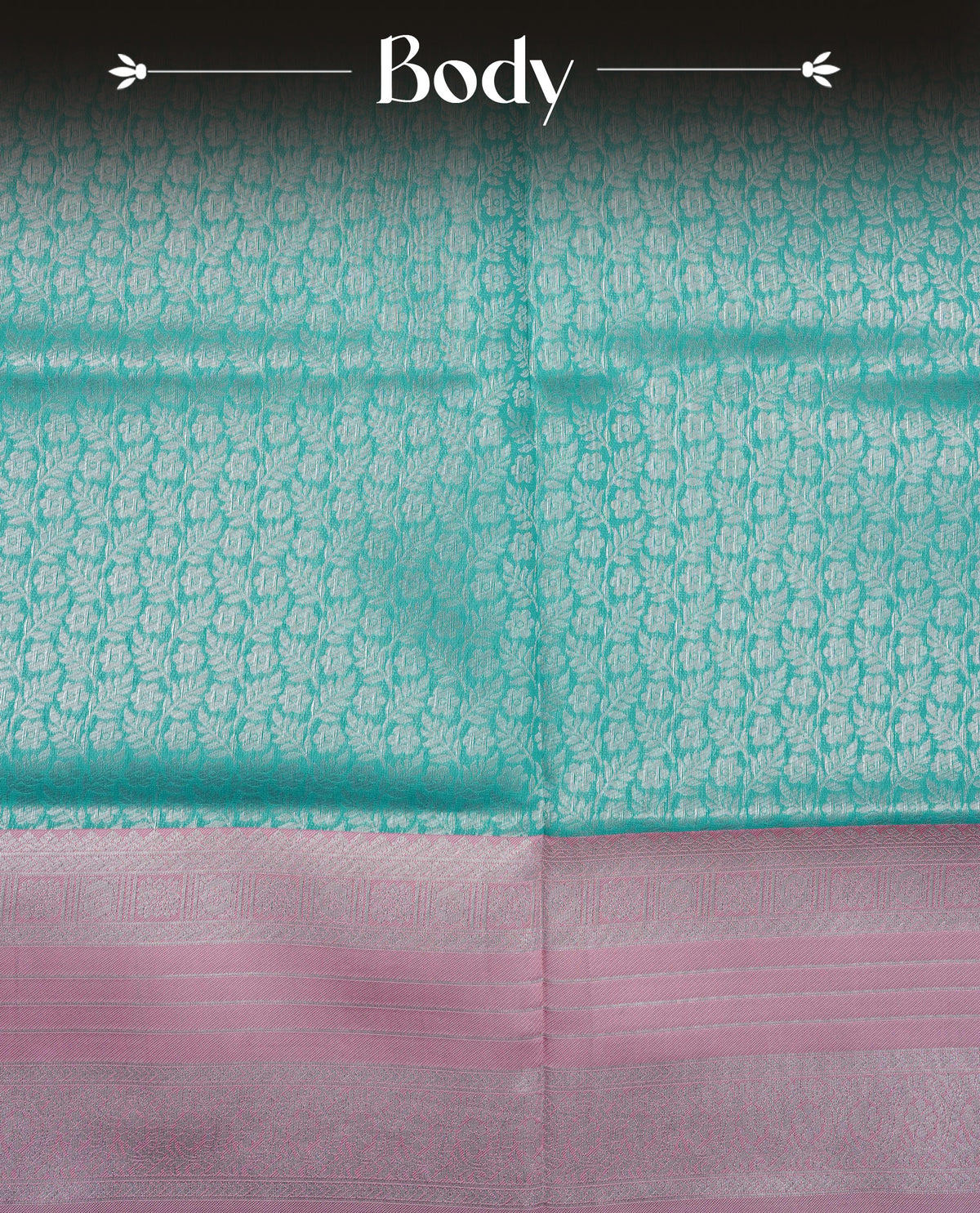 Aqua colour semi silk saree featuring Silver zari Floral pattern on body, complemented by contrast peach colour with silver zari border, comes with matching blouse piece.
