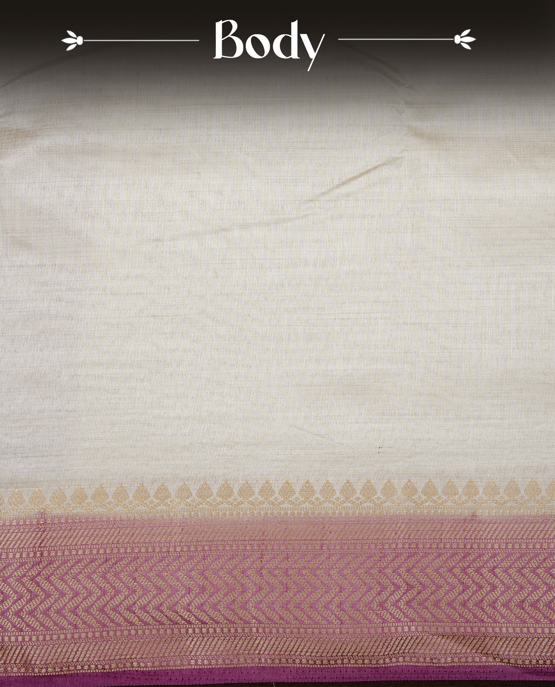 White cream colour Semi Tussar silk saree featuring an elegant plain body, accentuated by a contrast Mauve border adorned with intricate gold zigzag zari work, paired with a matching blouse piece.