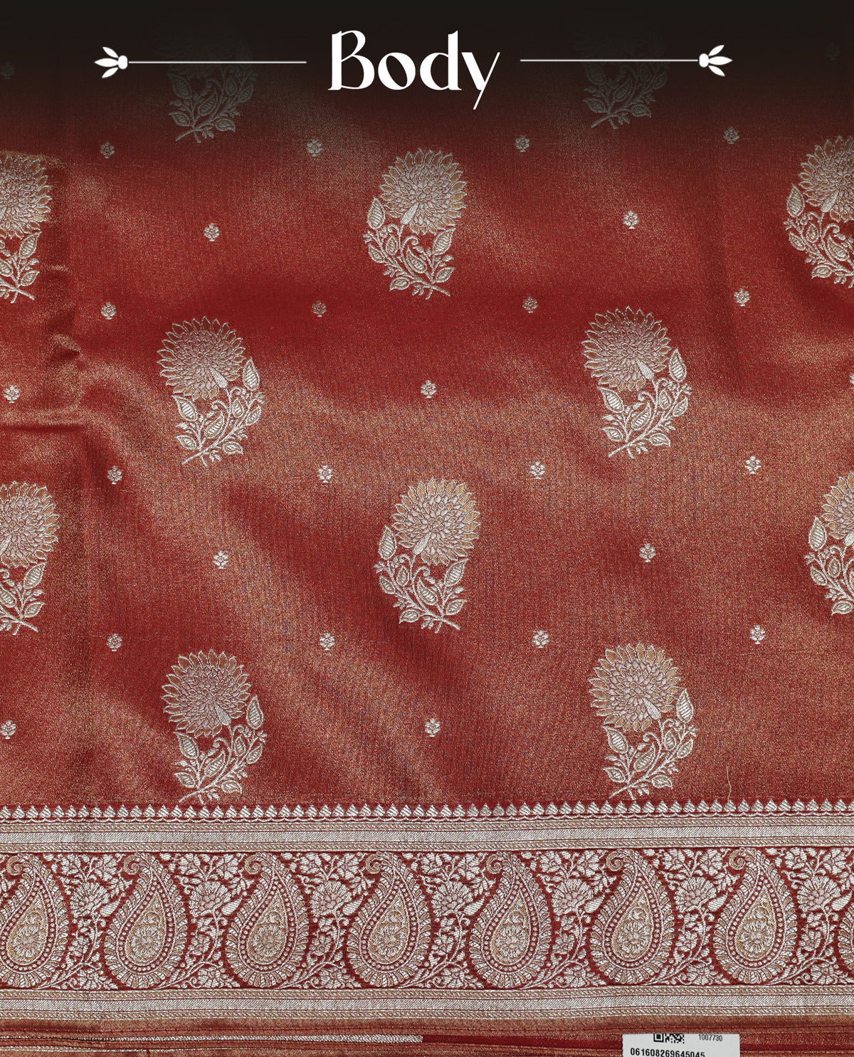 Red colour Mulberry silk saree featuring Gold zari small buttas & floral motifs on body, complemented by self colour with Gold zari border, comes with matching blouse piece.