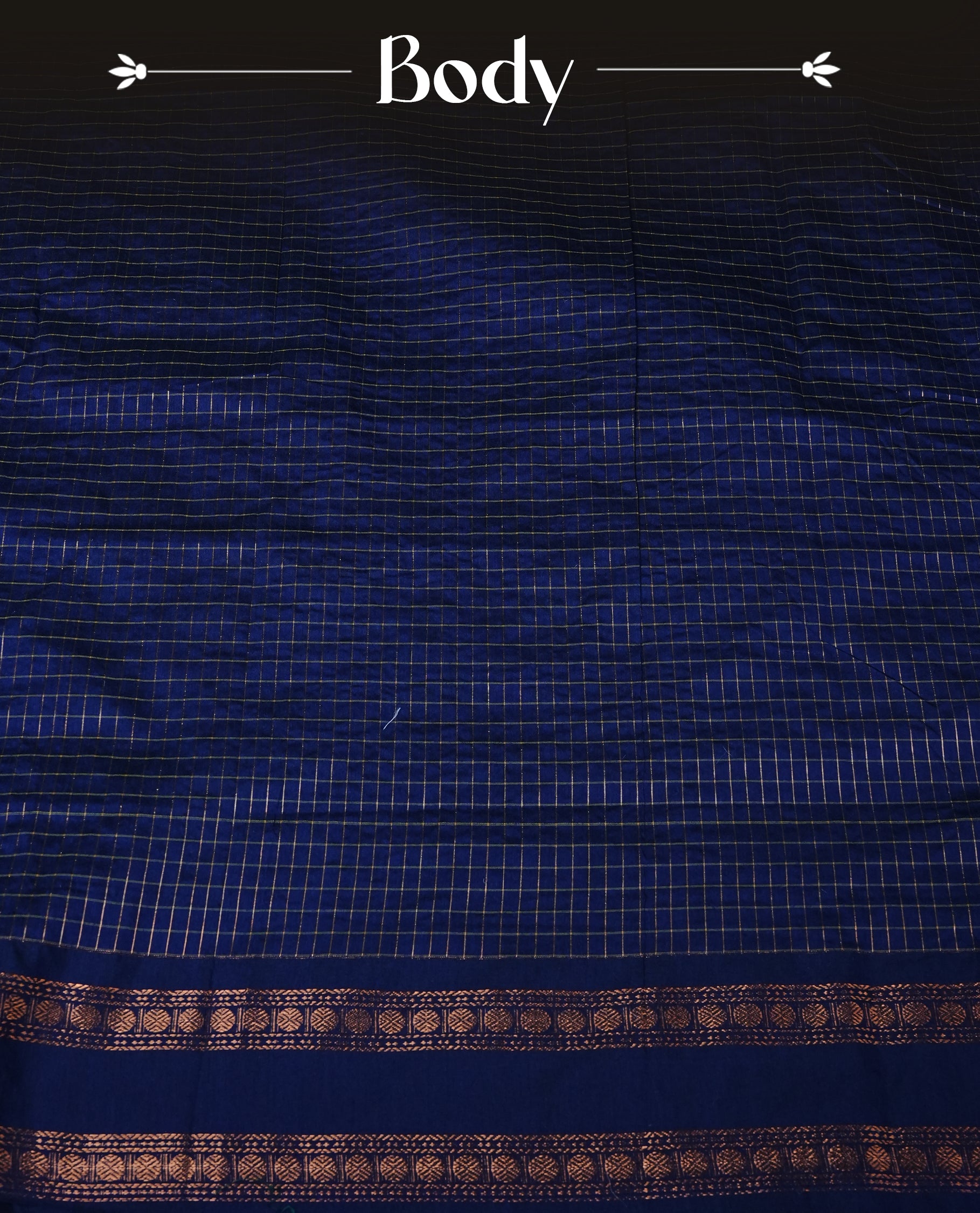 Navy Blue colour Kalyani cotton saree featuring Gold zari checks on body, enhanced with zari border and grand zari pallu, comes with self colour blouse piece.