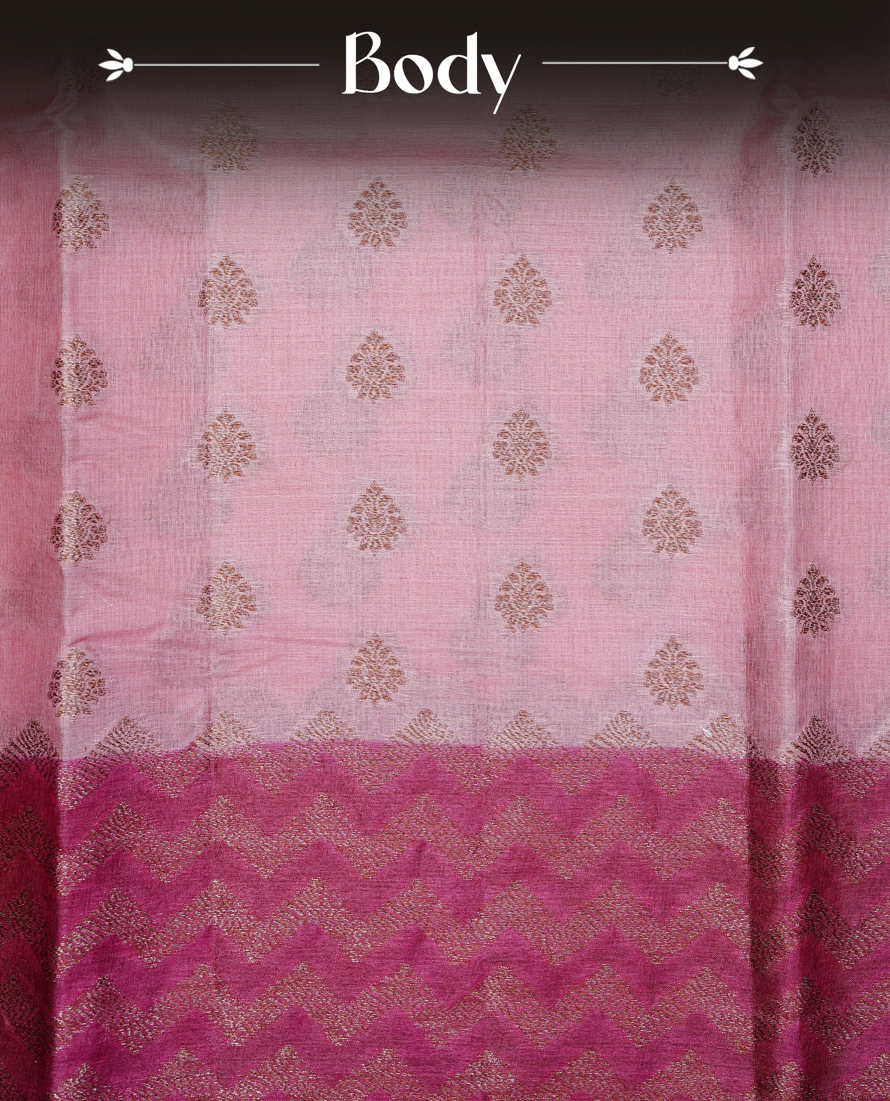 Pink Colour Tussar silk saree featuring Antique Zari motifs on body, Finished with contrast Magenta colour Zigzag zari pattern border, paired with matching blouse piece.