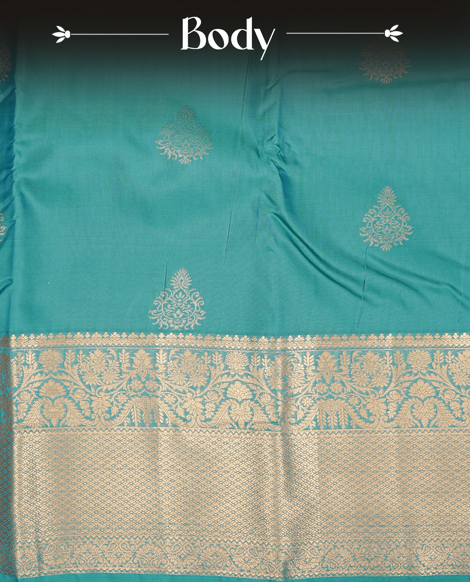 Cadmium Green Semi Wedding Silk Saree featuring Gold Zari Motifs On body, Complemented with traditional zari with Self colour border, paired with matching blouse piece.