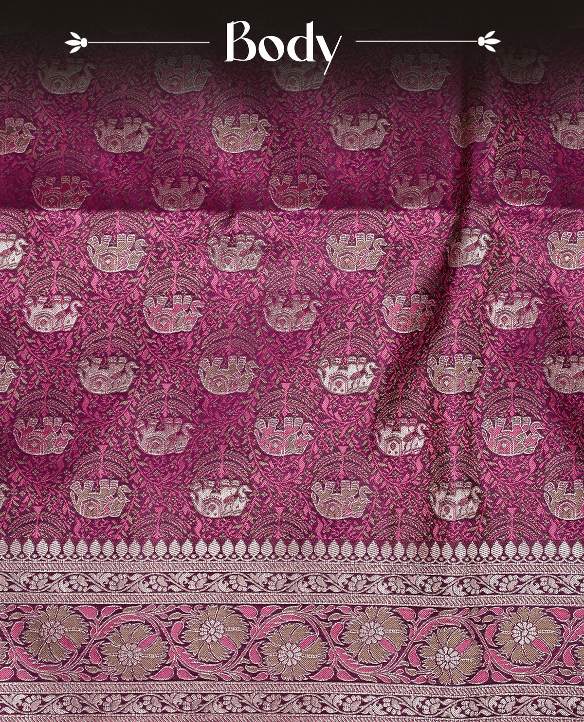 Deep purple colour Mulberry silk saree featuring gold zari elephant & floral kodi pattern across body, complemented by self colour border with gold zari work, comes with matching blouse piece.