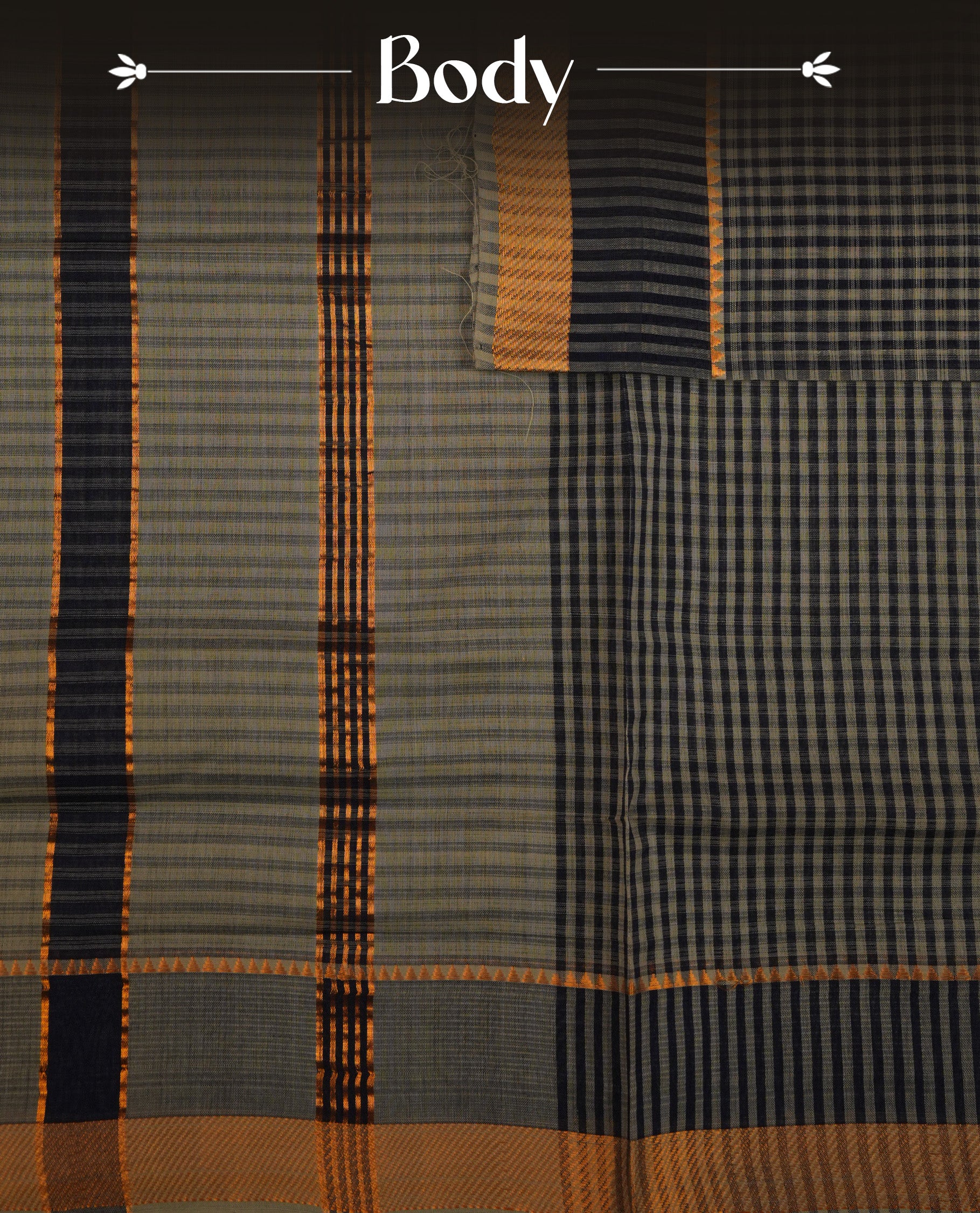 Blue and Grey colour Mangalagiri cotton saree with a classic checked body, contrast striped Gold zari border & Pallu, Paired with a matching blouse piece