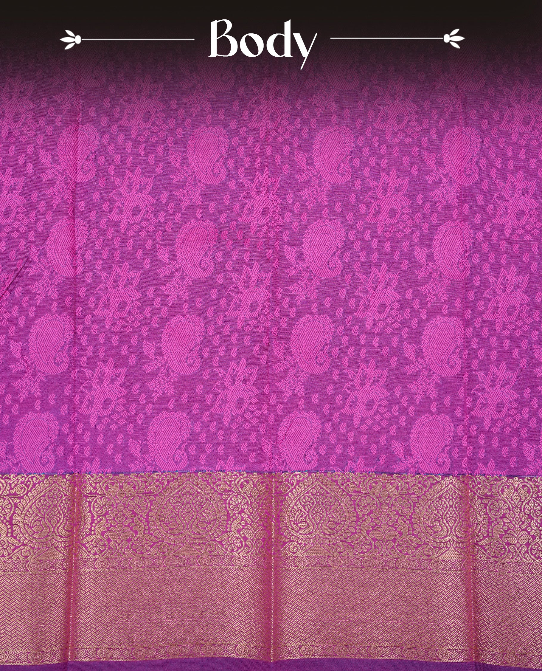 Bright Pink colour Semi silk saree Featuring Self colour zari motifs on body, complemented by contrast purple colour with gold zari border, paired with matching blouse piece.