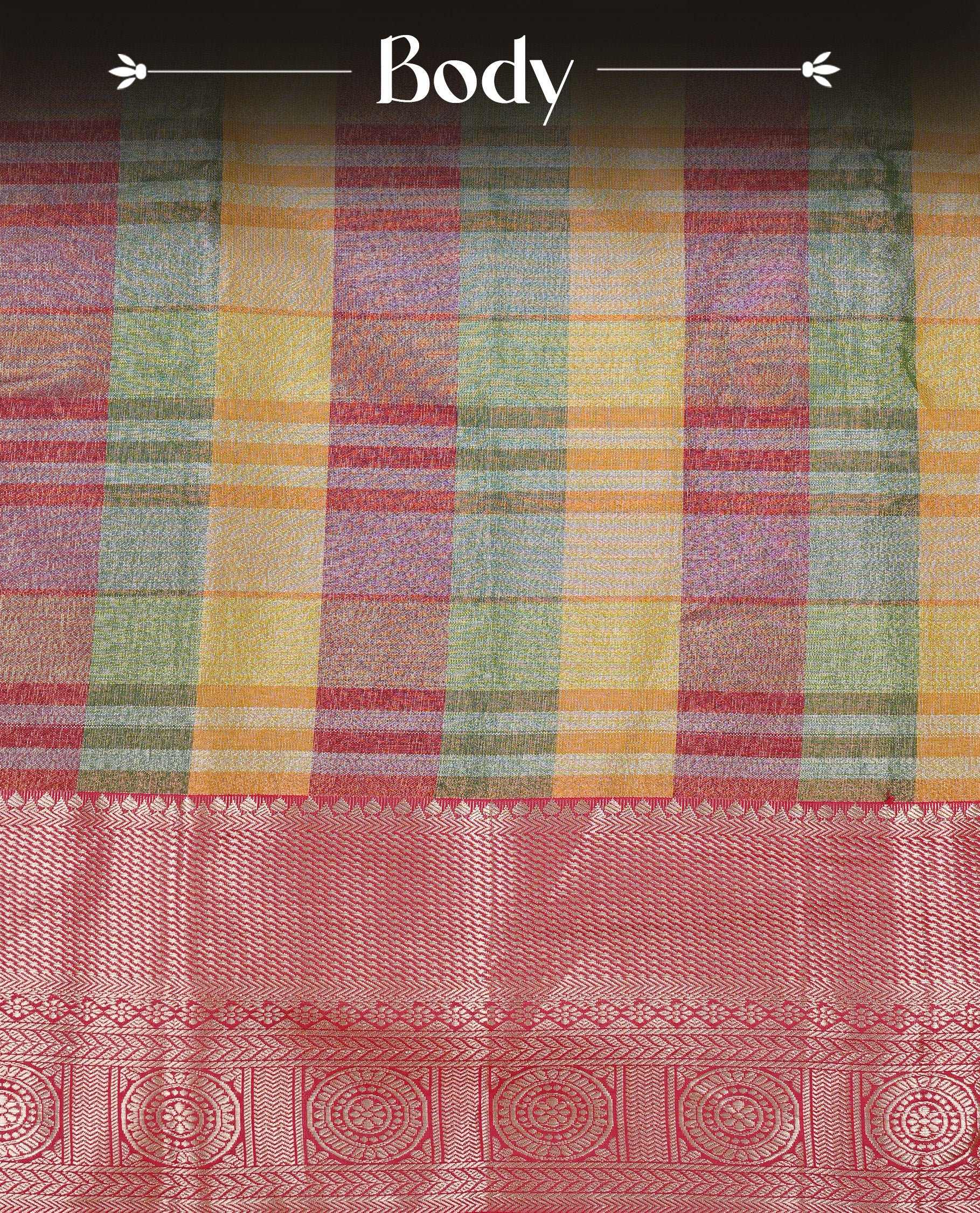 Green, Pink & Yellow Tissue Saree featuring Multi colour Check Design on body, complemented by contrast Red colour with Gold zari border, paired with matching blouse piece.