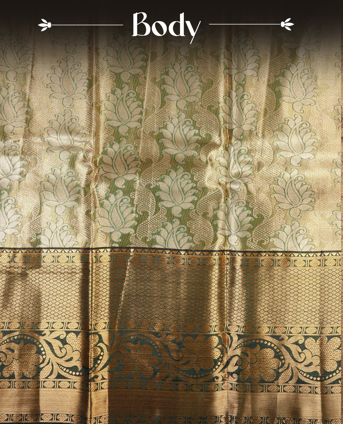 Green & Gold colour Double shade Semi tissue silk saree featuring self color Floral pattern on body, Contrast Green colour with Fancy border, paired with matching.
