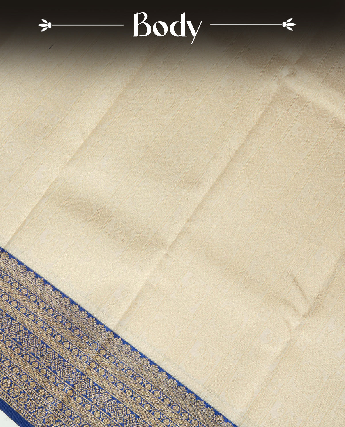 Cream Colour Semi Soft Silk Saree Featuring Gold zari Check With motifs Pattern On Body, Highlighted by contrast Blue border with Gold zari, paired with matching blouse piece.