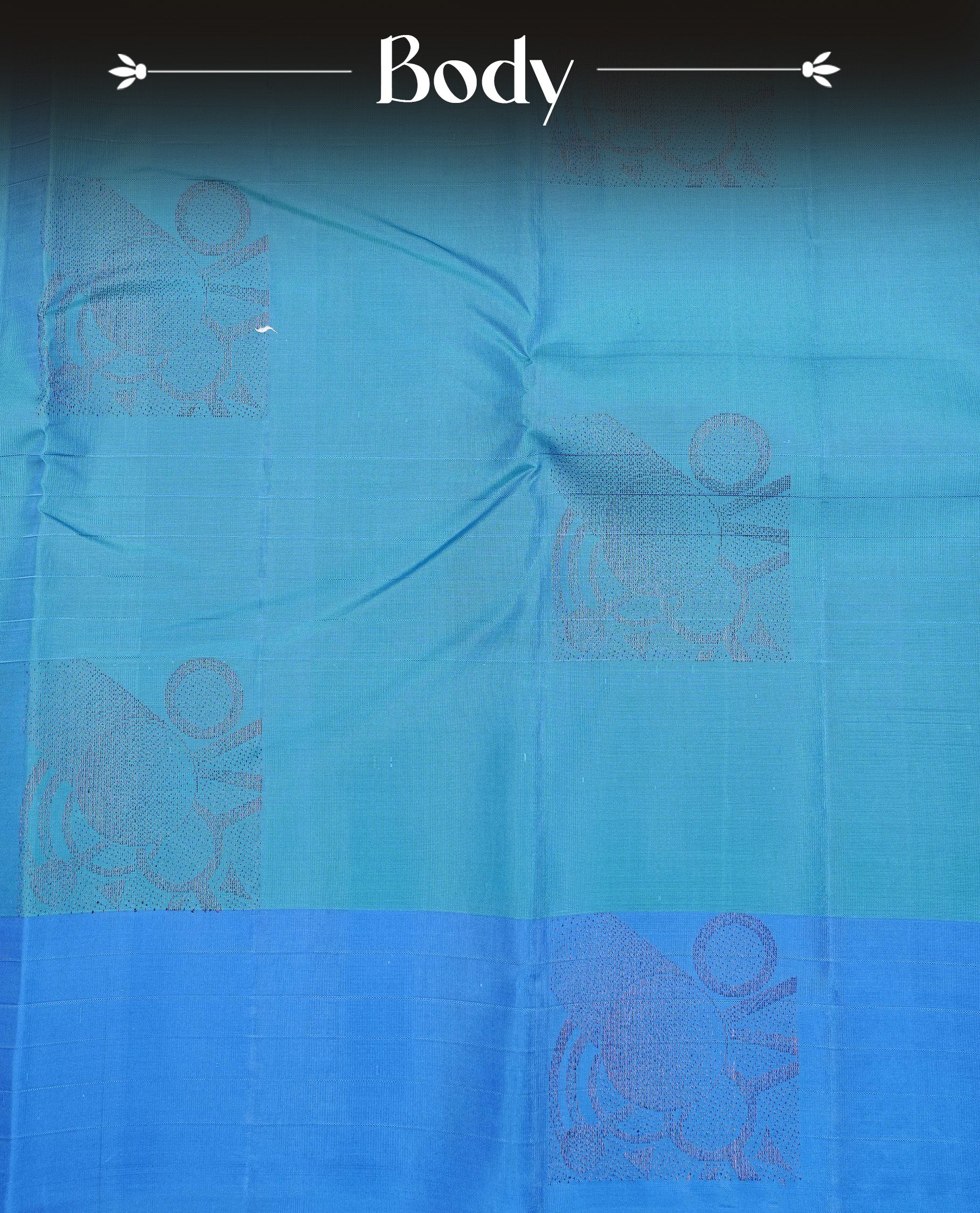 Blue colour soft silk saree featuring Rose Gold Zari Motifs on body, complemented by contrast Blue with Rose Gold border, paired with matching blouse piece.