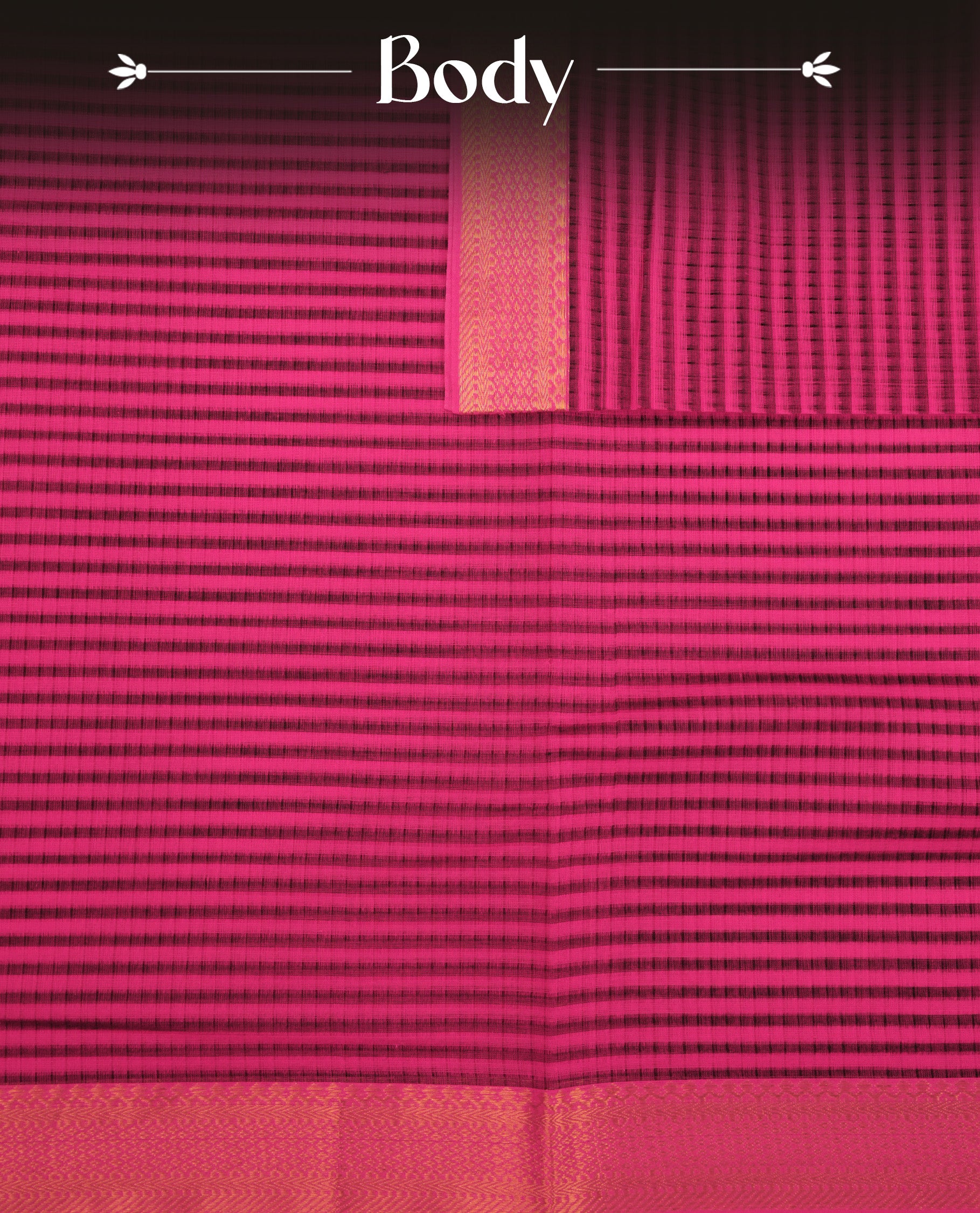 Magenta Mangalagiri cotton saree featuring elegant Black stripes, Complemented by Contrst Pattern with Gold zari border & Contrast pallu, Paired With a matching blouse piece.