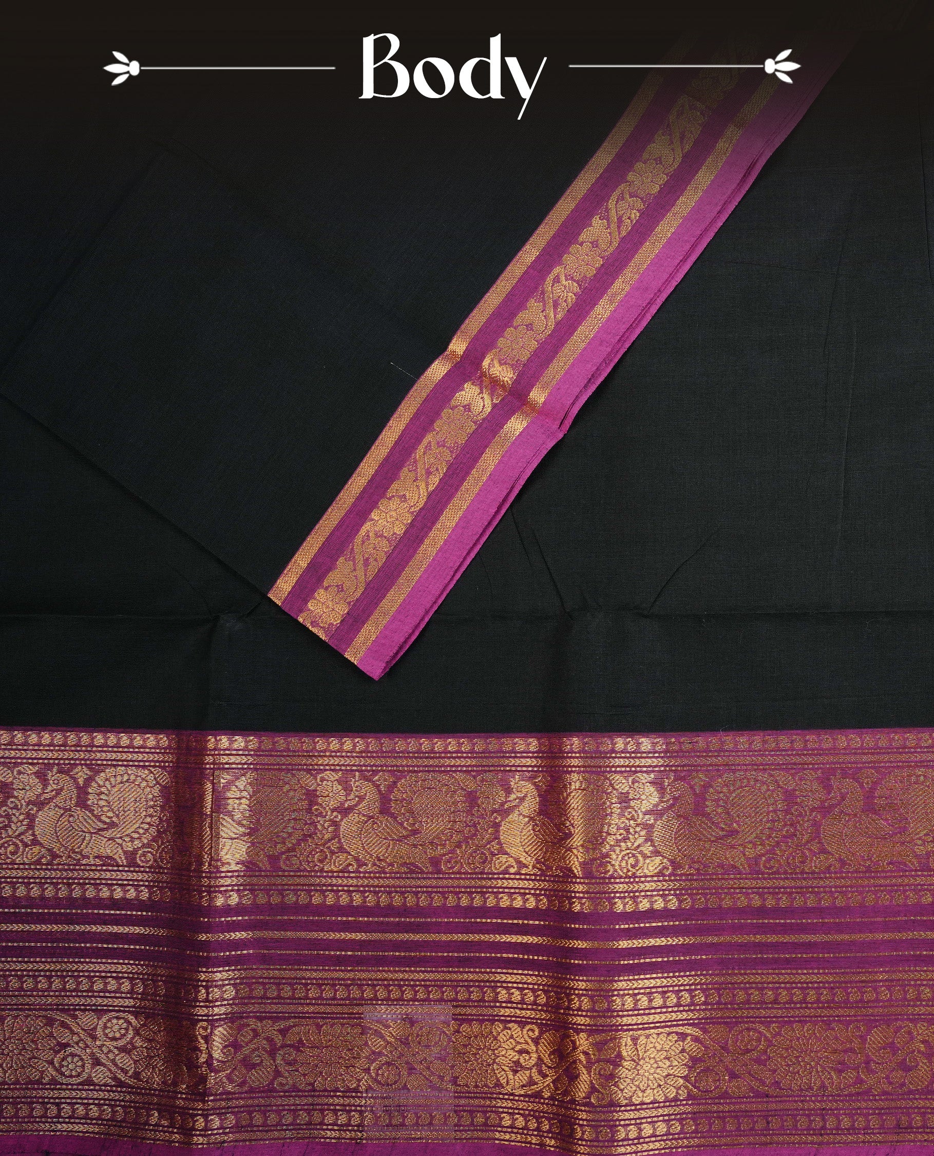Black colour chettinad cotton saree featuring Plain body, complemented by Contrast Magenta Colour With Traditional Gold Zari border, paired with matching blouse piece.